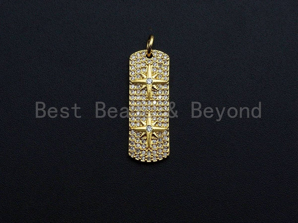 CZ Micro Pave Double North Star On Long Bar Pendant, Cubic Zirconia Strip Pendant, Micro pave Star pendant, 9x26mm, sku#Z768
