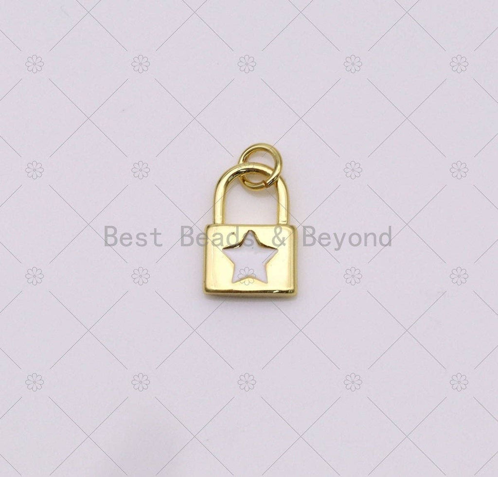 Enamel Cresent Moon/Five Point Star/Heart On Gold Lock Shape Pendant, 18K Gold Filled Lock Charm,Necklace Bracelet Charm,Sku#LK505