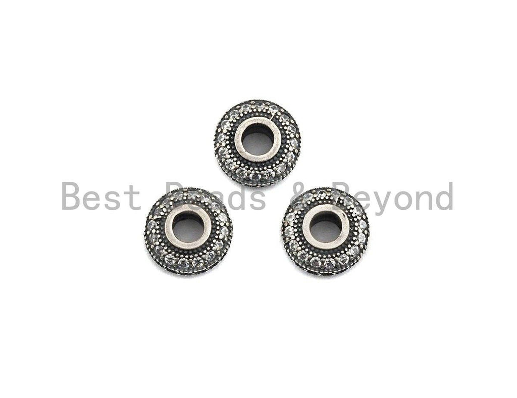 CZ Donut Shaped Micro Pave Space Beads in Antique Silver, Cubic Zirconia Space Beads, Rhidium Rondelle Big hole Beads, 10x5mm, sku#X124