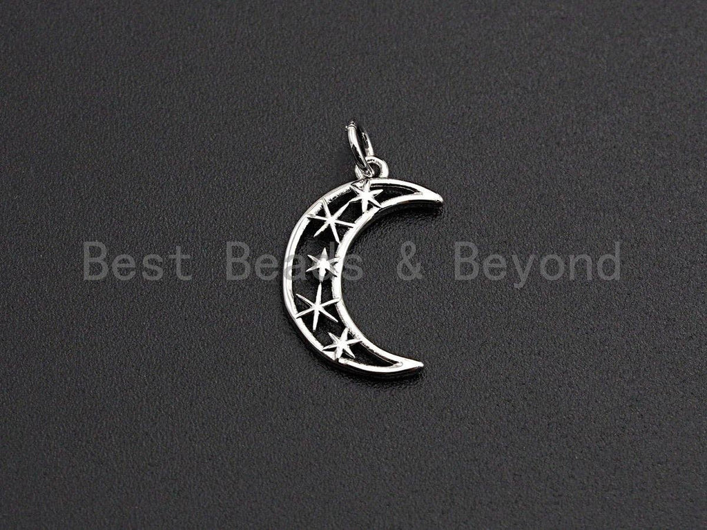 Crescent Moon North Star Hollow Out Pendant, Cubic Zirconia Pendant, Silver/Gold Tone,12x19mm, Sku#Z486