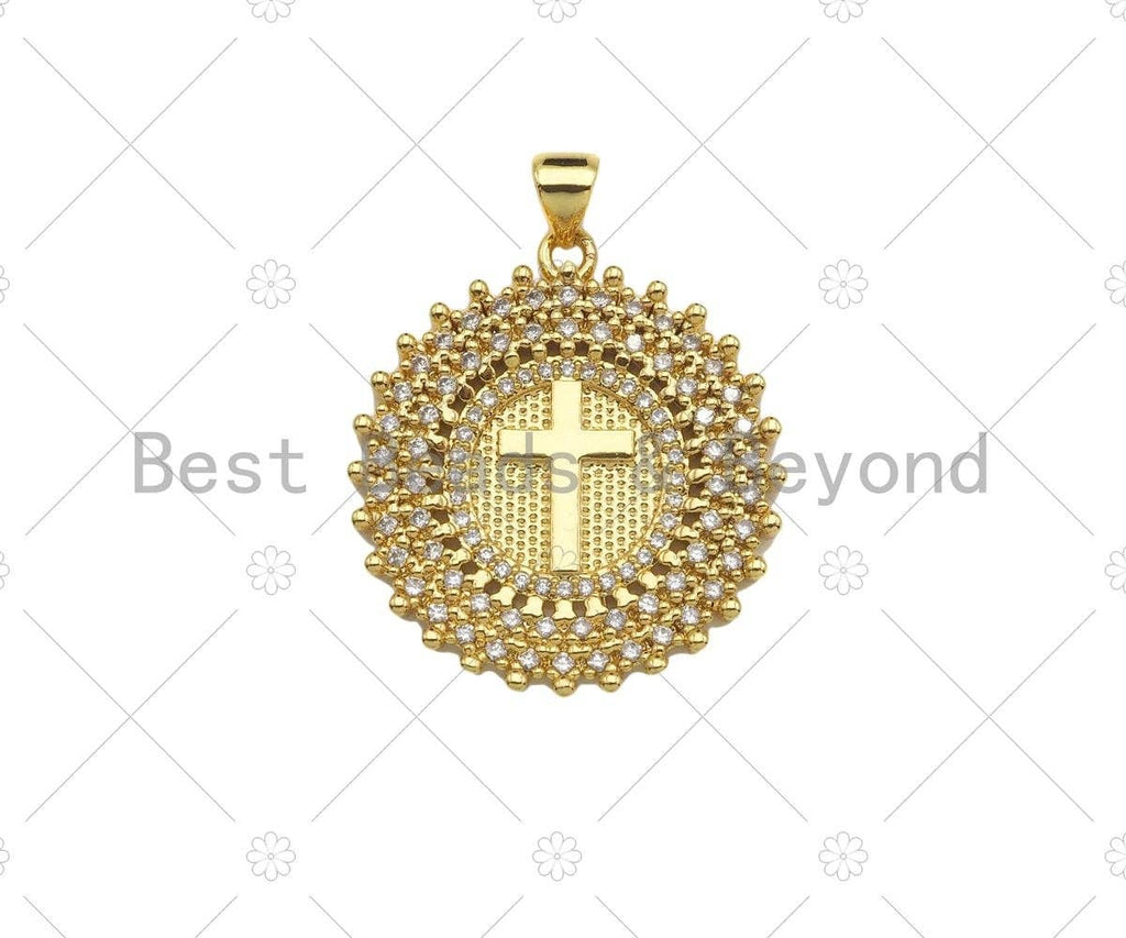 CZ Micro Pave Cross On Disc Shape Pendant/Charm,Cubic Zirconia Charm, Necklace Bracelet Charm Pendant,26x29mm, Sku#LD27