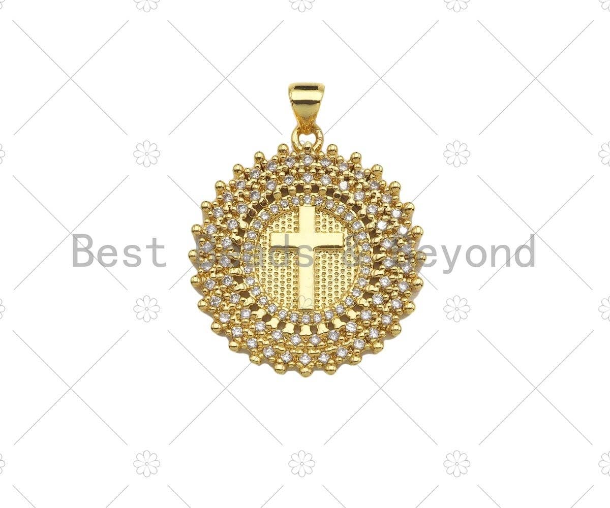 CZ Micro Pave Cross On Disc Shape Pendant/Charm,Cubic Zirconia Charm, Necklace Bracelet Charm Pendant,26x29mm, Sku#LD27