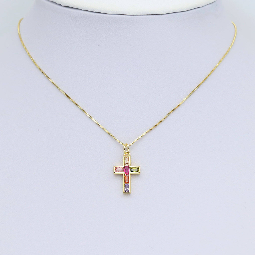 Colorful Baguette CZ Cross Shape Pendant, Sku#L717