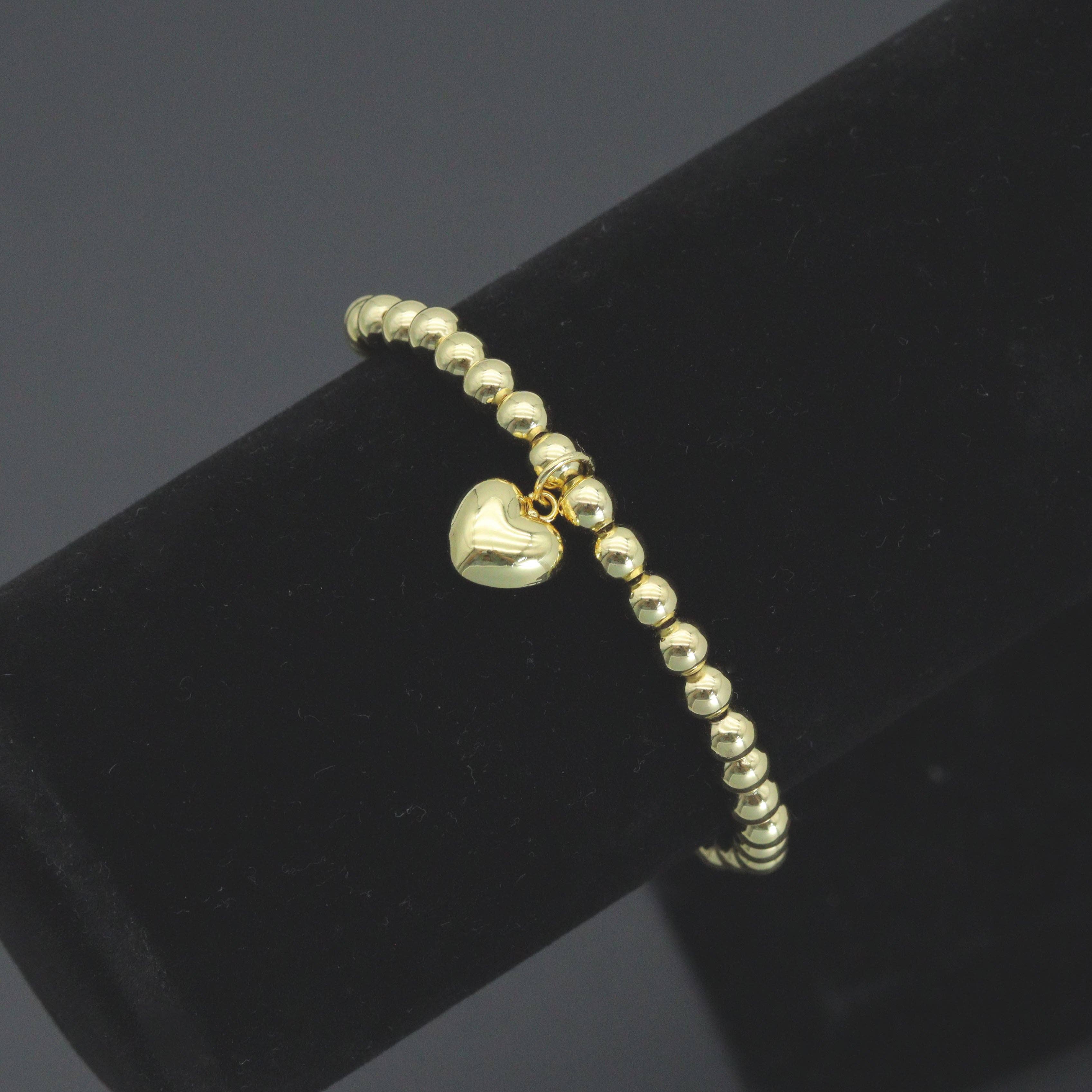 Gold Hematite Ball Beads with Puffy heart stretchy Bracelet, Sku#L726