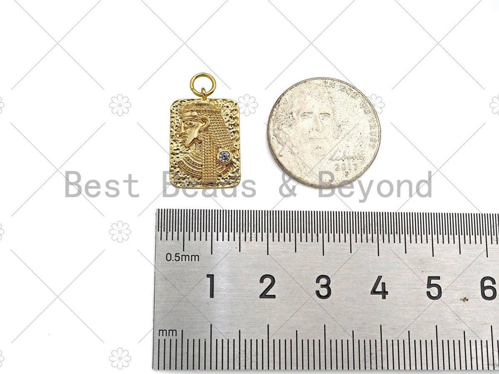 Gold Filled CZ Micro Pave Egyptian Head On Rectangle Pendant, 14K Gold Filled Medallion Charm, Necklace Bracelet Pendant, 19x13mm,Sku#ZX27