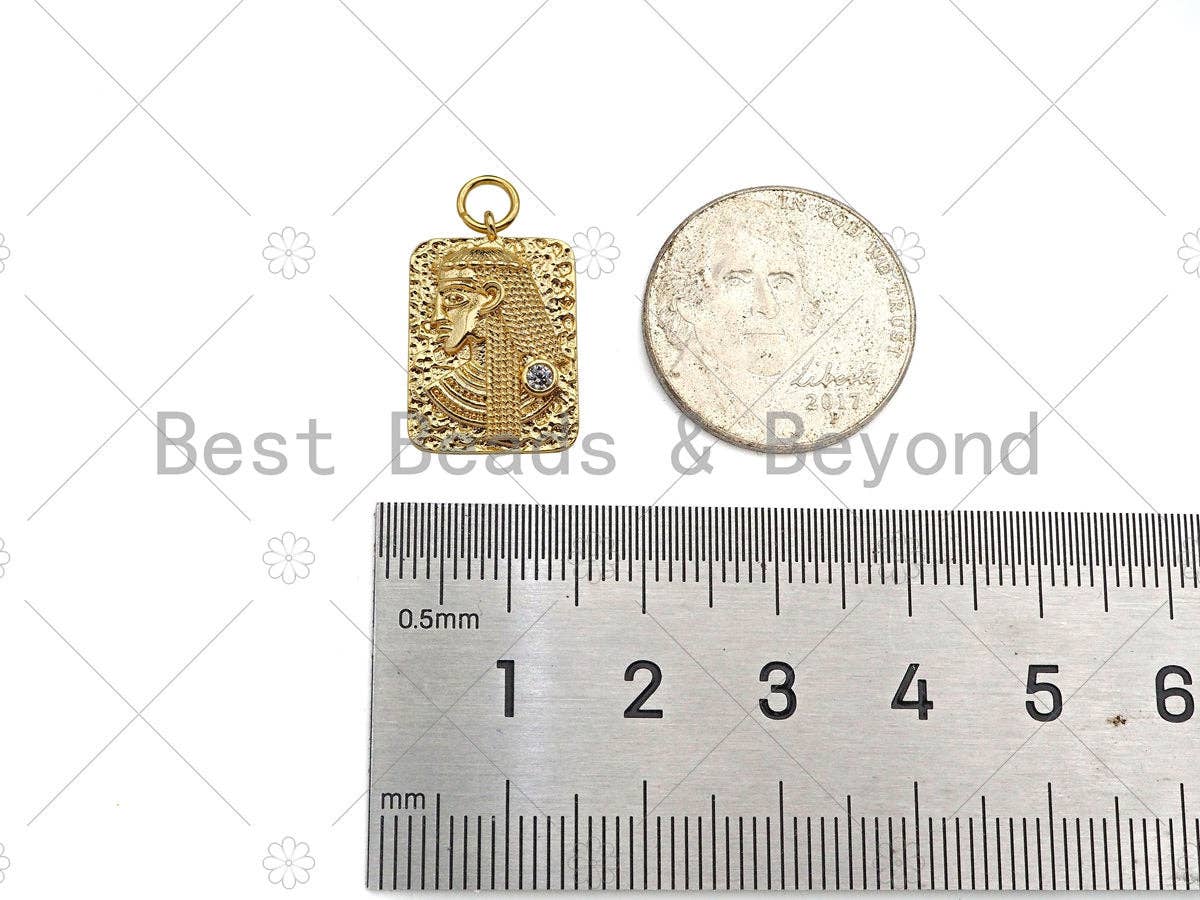 Gold Filled CZ Micro Pave Egyptian Head On Rectangle Pendant, 14K Gold Filled Medallion Charm, Necklace Bracelet Pendant, 19x13mm,Sku#ZX27