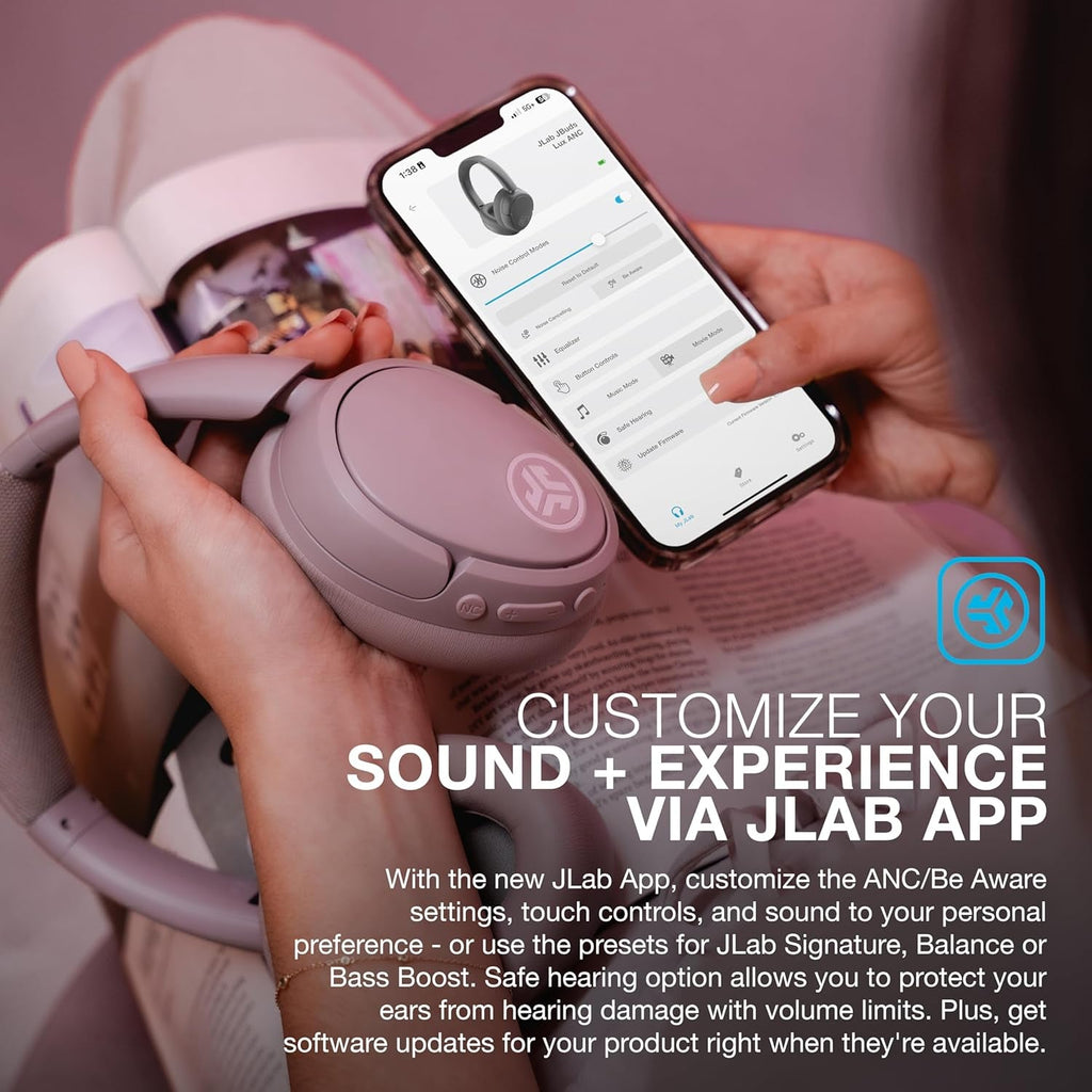 Jlab Jbuds Lux ANC Wireless Headphones, Mauve, Hybrid Active Noise Cancelling, Customizable Sound, Spatial Audio Compatible, Premium Over-Ear Bluetooth Headset