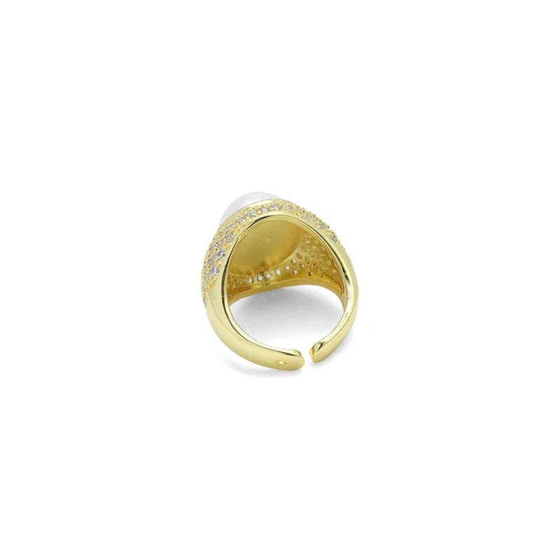 CZ Gold Oval White Pearl Statement Adjustable Ring, Sku#LX692