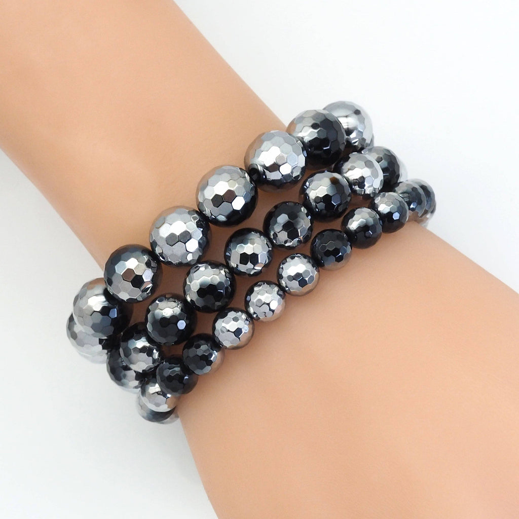 Half Silver Plated Black Onyx Stretchy Bracelet, Sku#EF384