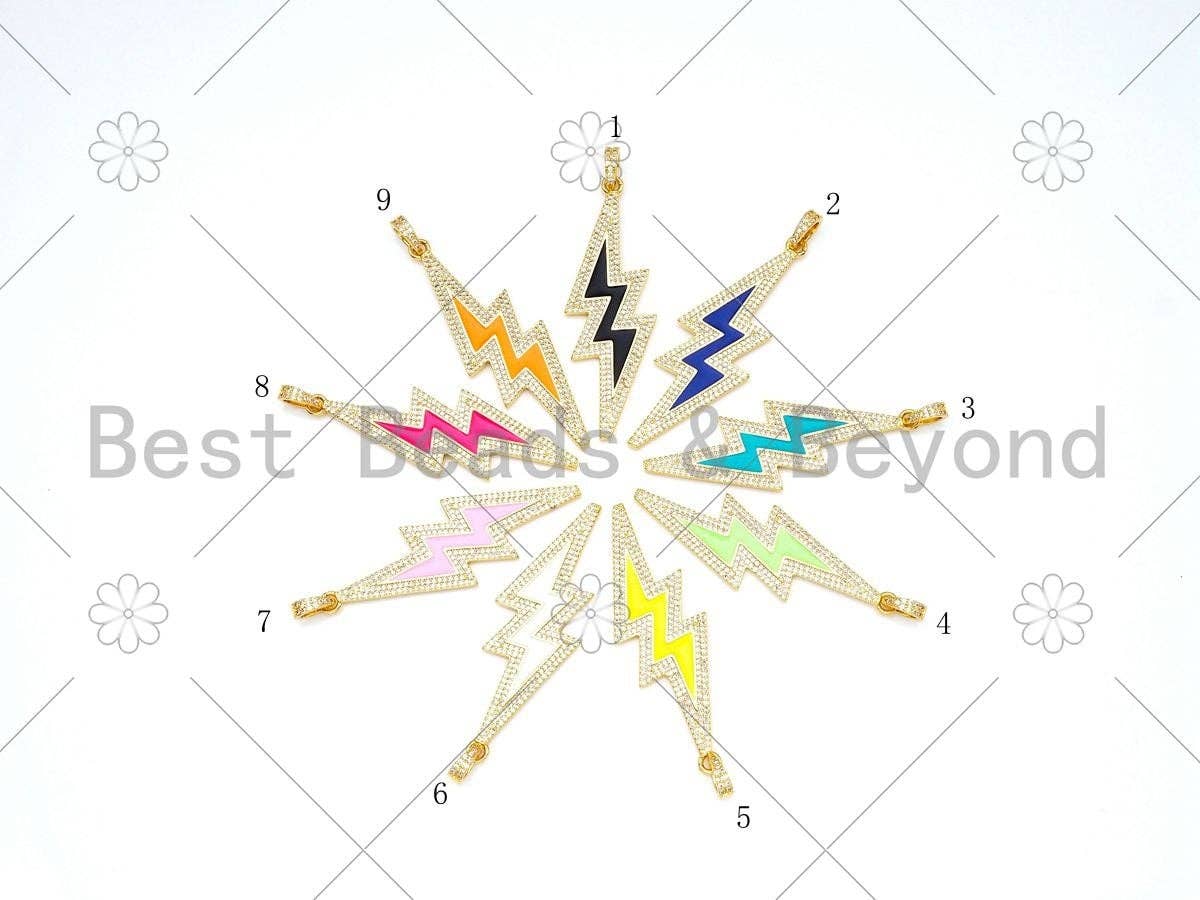 Large CZ Micro Pave Colorful Enamel Lightning Shape Pendant, 18K Gold Filled Lightning Charm,Necklace Pendant,59x20mm,Sku#ML50