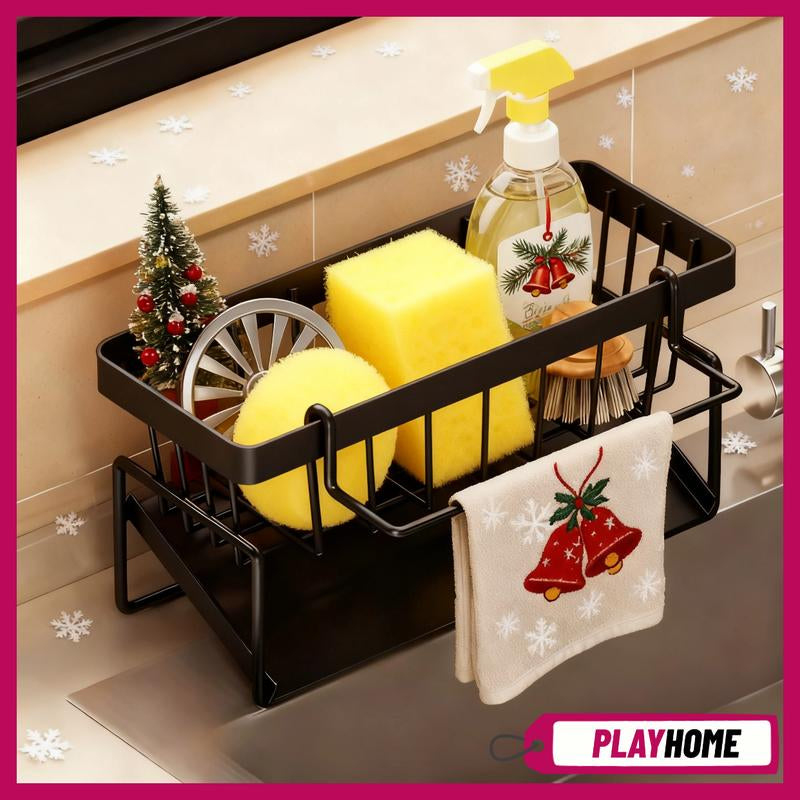 Sponge Holder for Kitchen Sink, Sink Caddy with High Brush Holder, Stainless Steel Dish Sponge with Divider, Dish Soap Dispenser Storage Organizer Racks