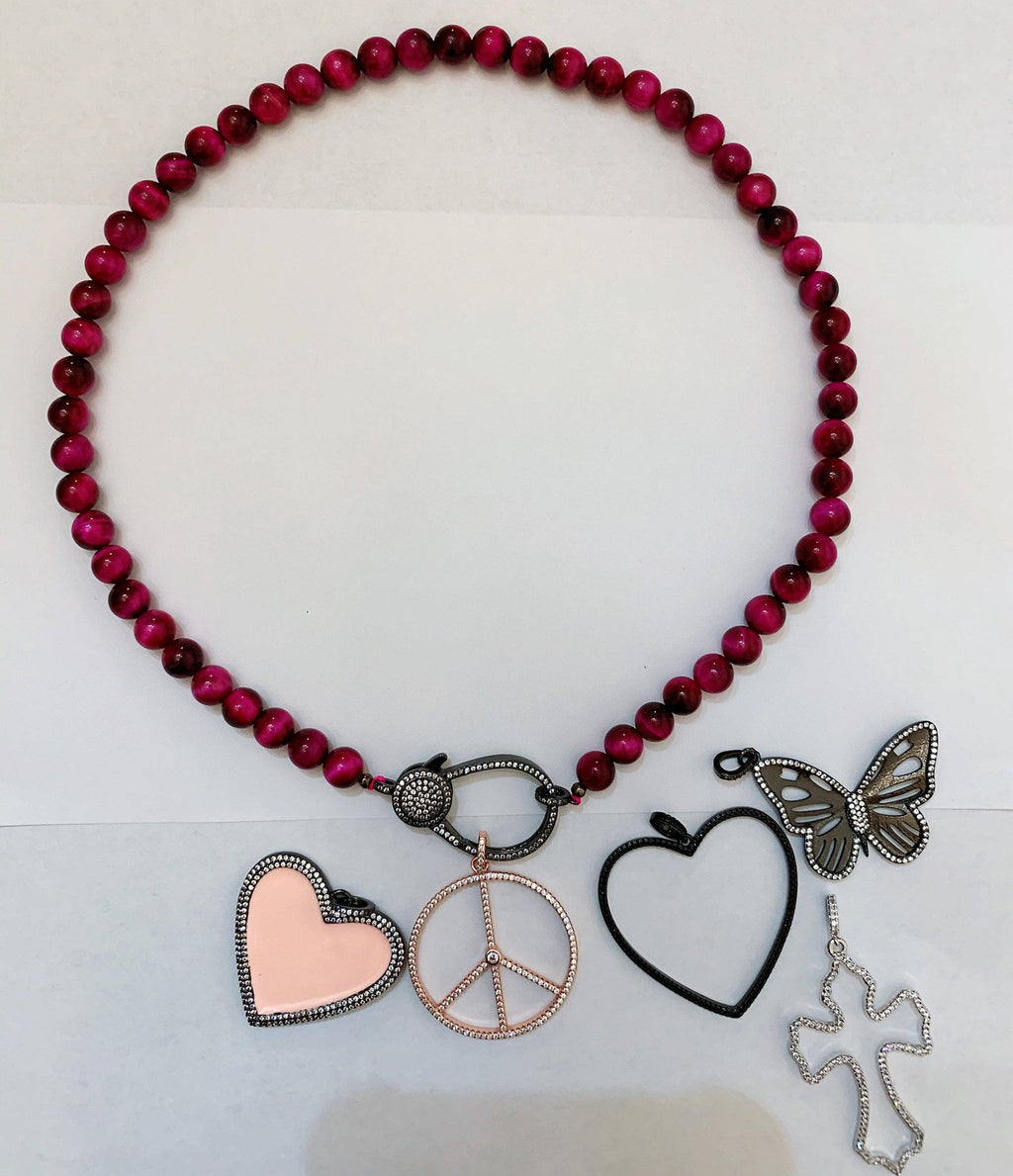 PINK Tiger eye Attachment Necklace with Large CZ Pave Gunmetal clasp, 16/18 long, sku#D40