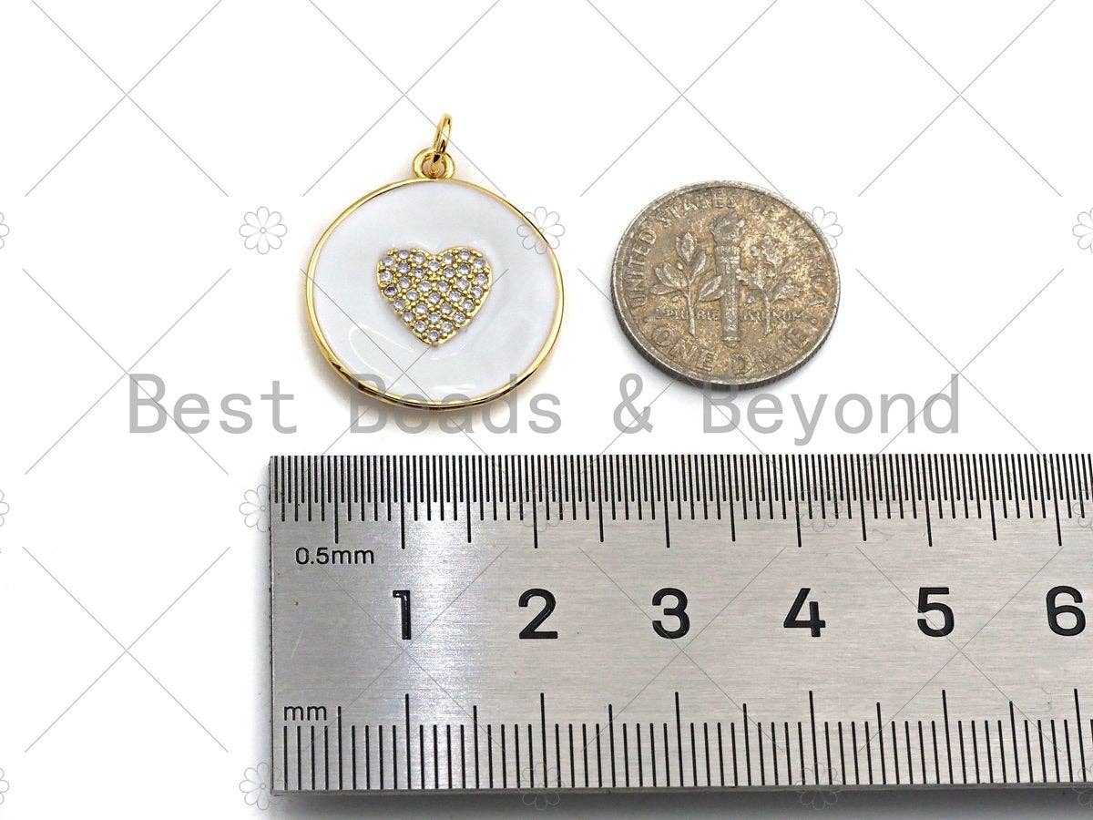 White Enamel Heart On Round Coin Pendant,CZ Micro Pave Enamel pendant,Enamel Charm,Enamel Jewelry,20x23mm,sku#Z1239