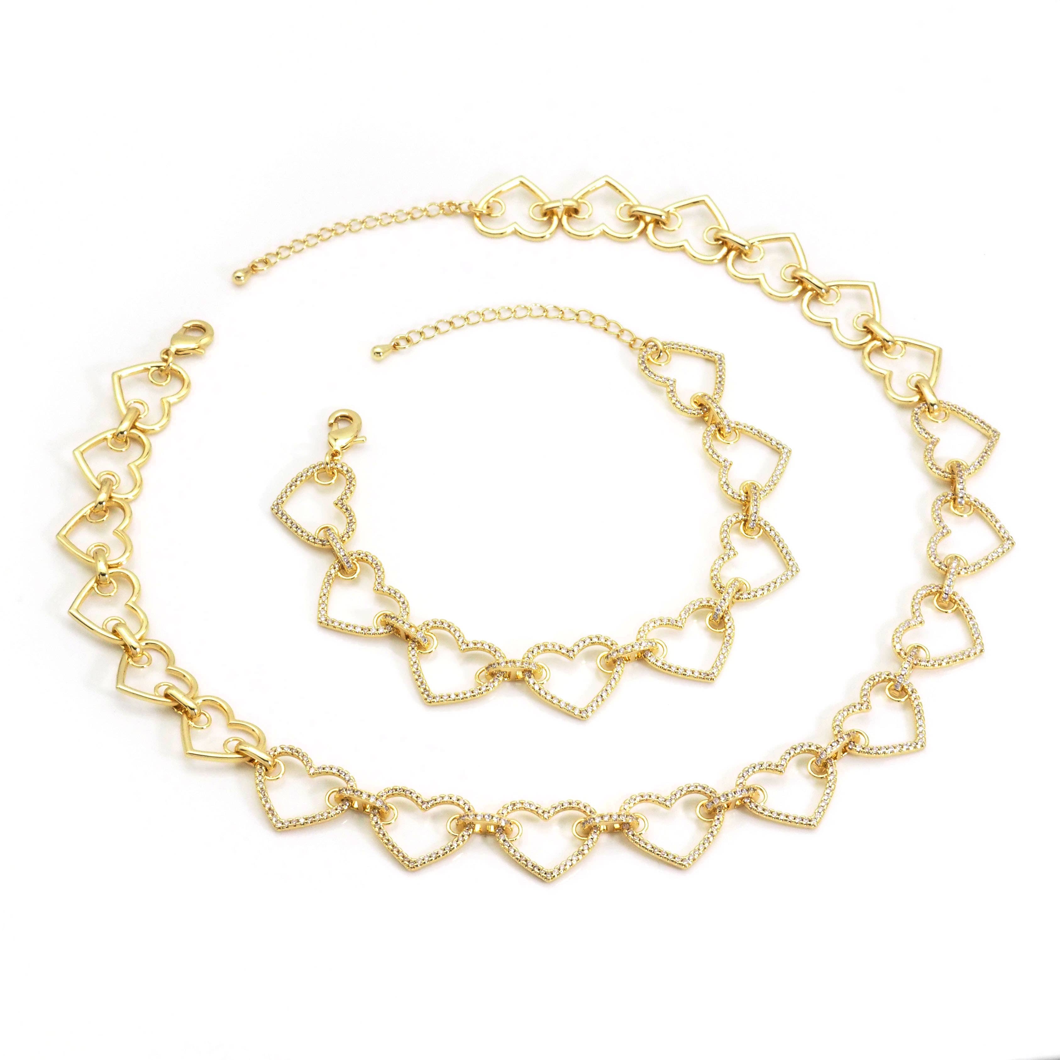 Clear CZ Gold Heart Link Chain Adjustable Necklace,sku#LX237
