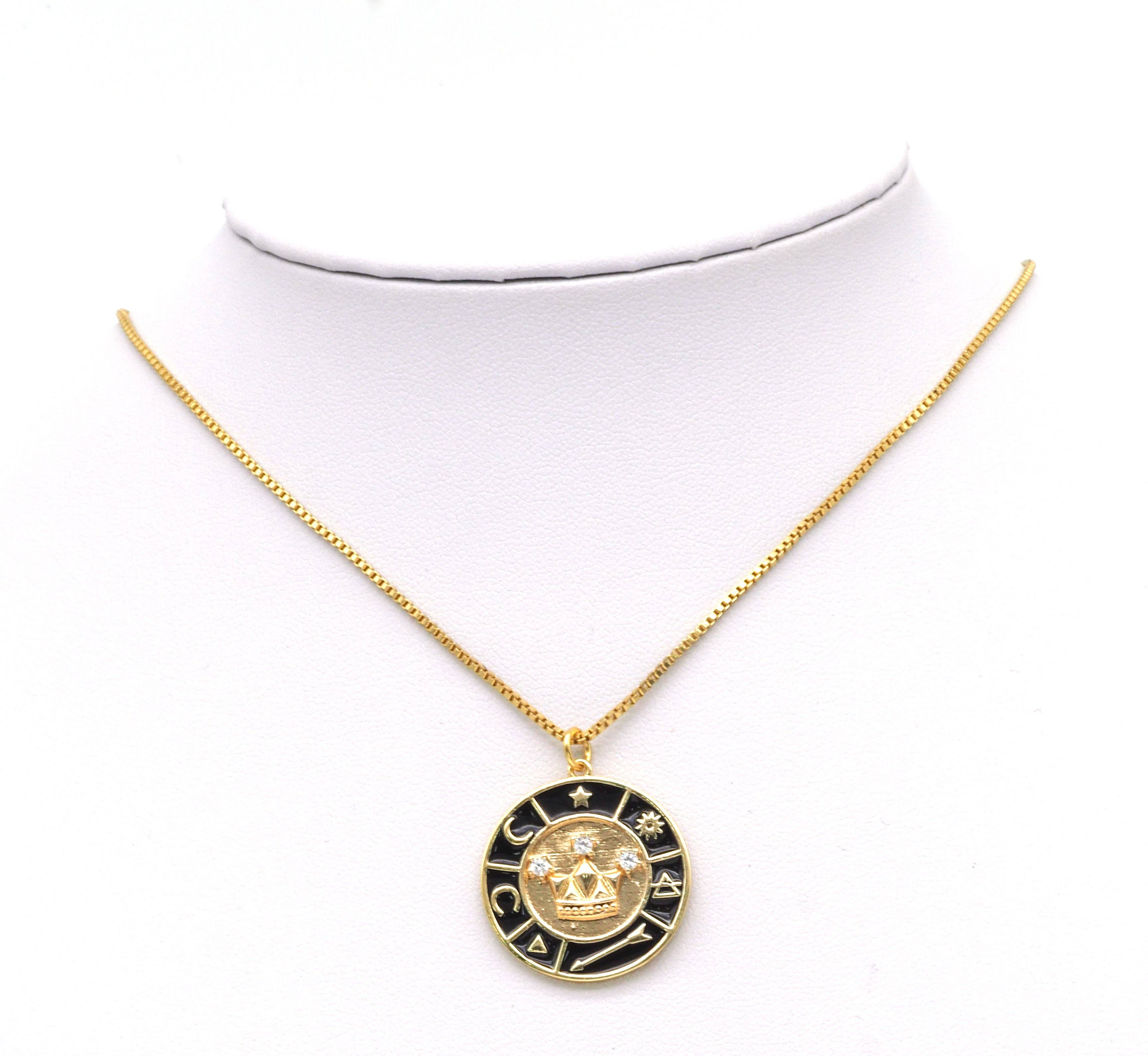 CZ Enamel Crown Coin Pendant, Sku#ZX44