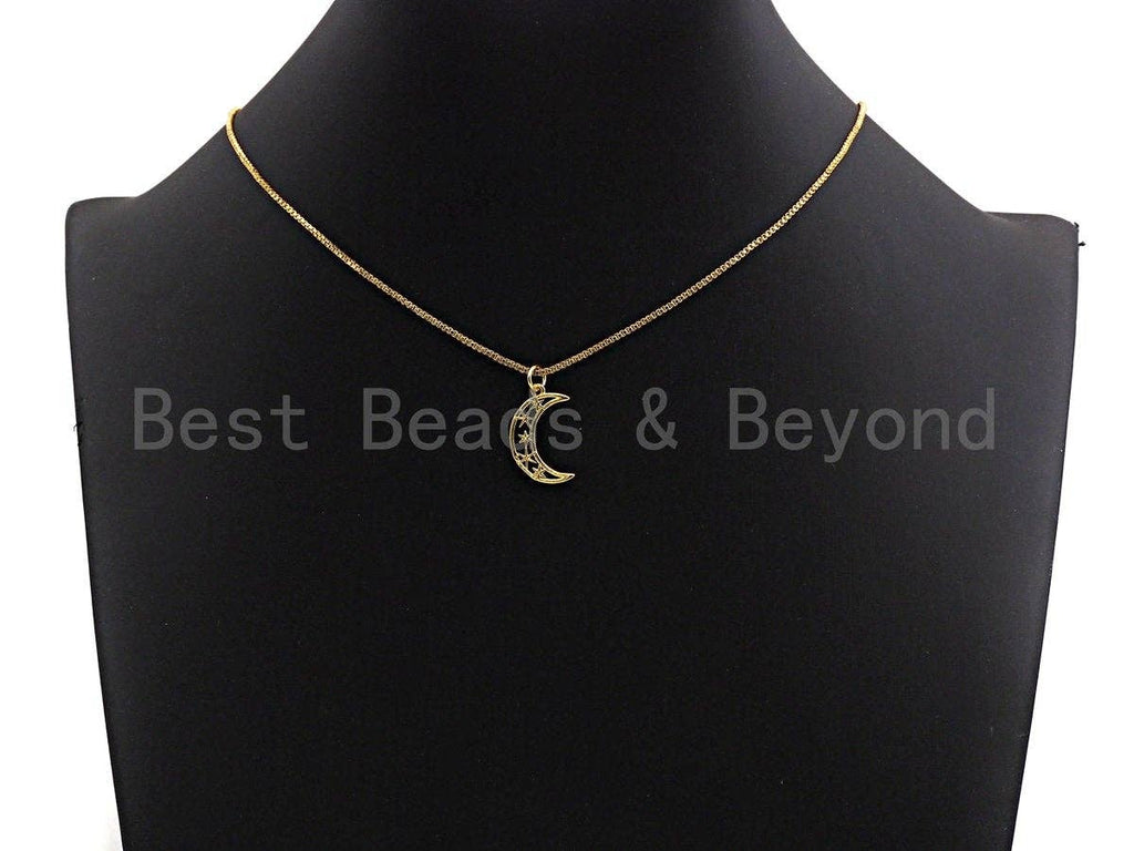 Crescent Moon North Star Hollow Out Pendant, Cubic Zirconia Pendant, Silver/Gold Tone,12x19mm, Sku#Z486