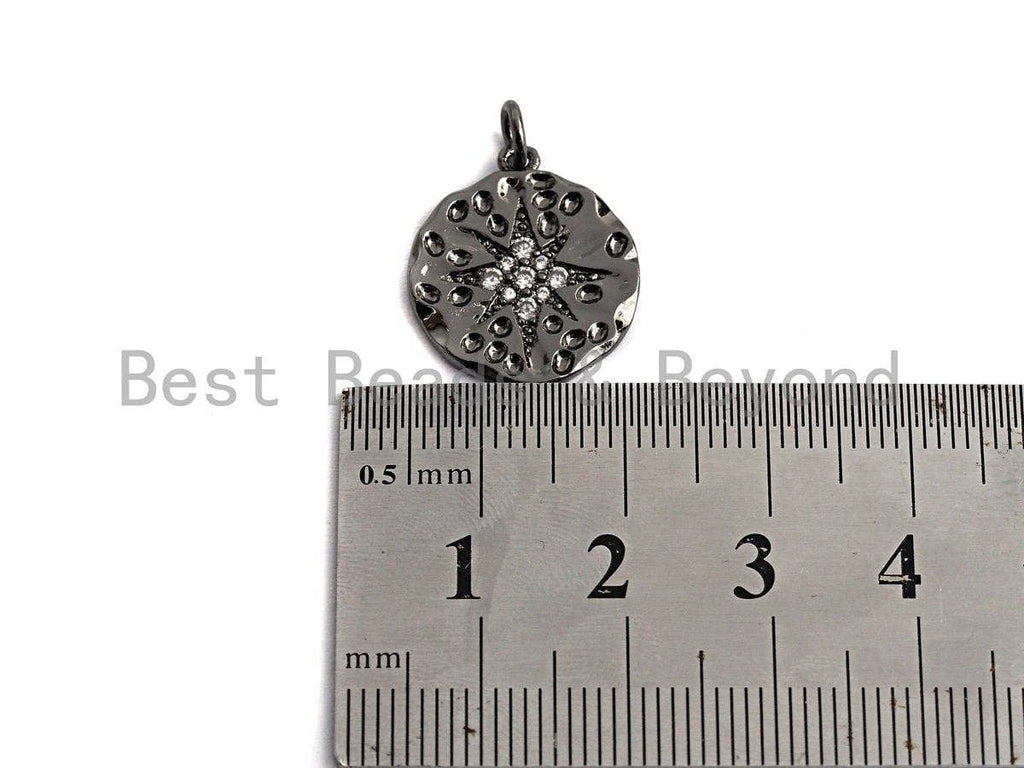 Hammered Micro Pave North Star Coin Pendant/Charm, Star Cubic Zirconia Pendant, Silver/Gold/Rose Gold/Black Tone,17x19mm,Sku#Z500