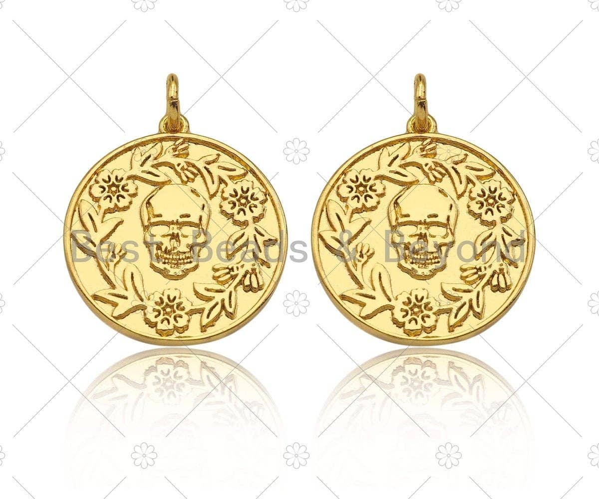18K Dainty Gold Skull On Round Coin Shape Pendant,Gold Medallion Skull Charm,Necklace Bracelet Charm Pendant,18x20mm,Sku#Z1305