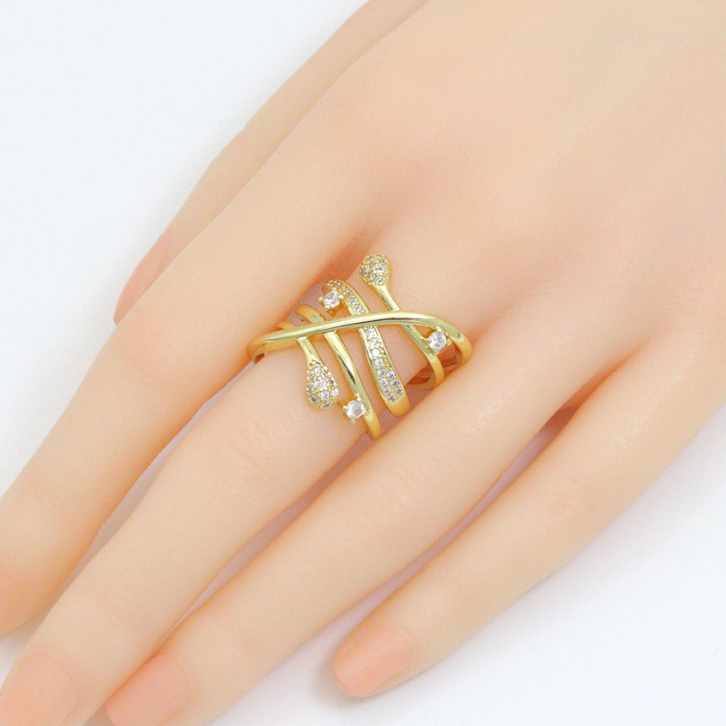 Clear CZ Leaf Multiline Wrap Statement Adjustable Ring, Sku#LD734