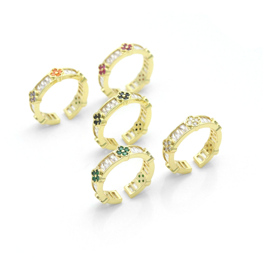 Baguette CZ Colorful Flower band Adjustable Ring, Sku#A491