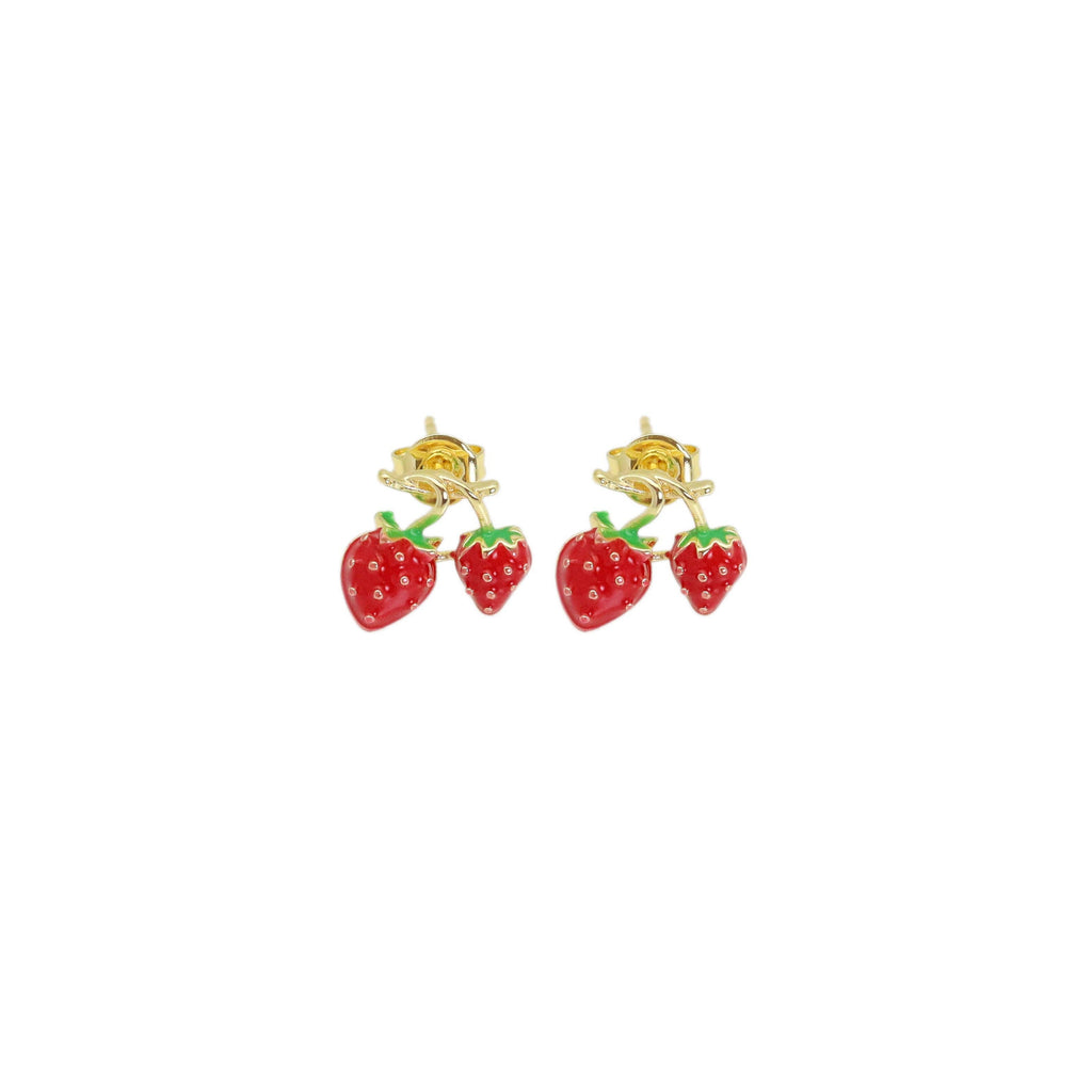 CZ Gold Red Enamel Strawberry Stud Earrings, Sku#ZX193