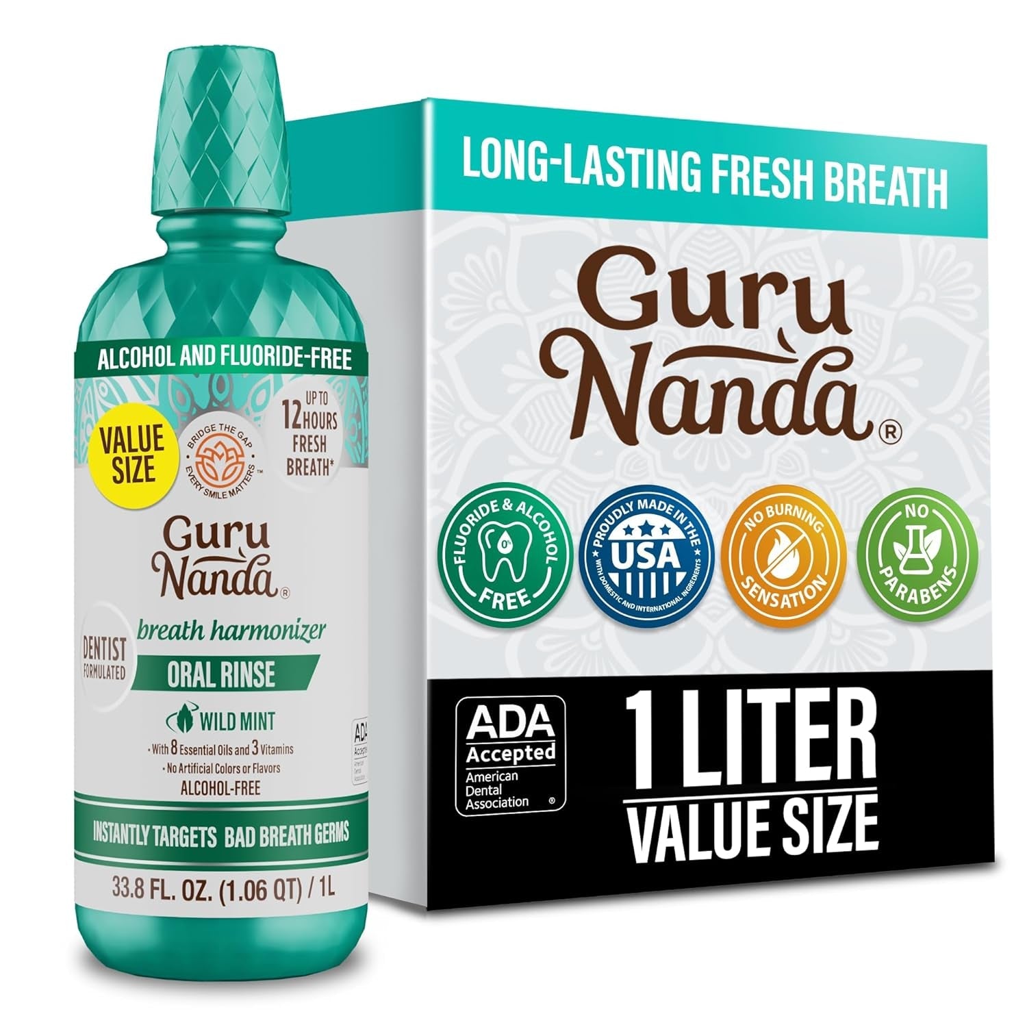 Gurunanda Fresh Breath Mouthwash, Ada-Accepted, Alcohol & Fluoride-Free, Sodium Chlorite, Essential Oils & Vitamins, 12-Hrs Fresh Breath, Wild Mint, 33.8 Oz