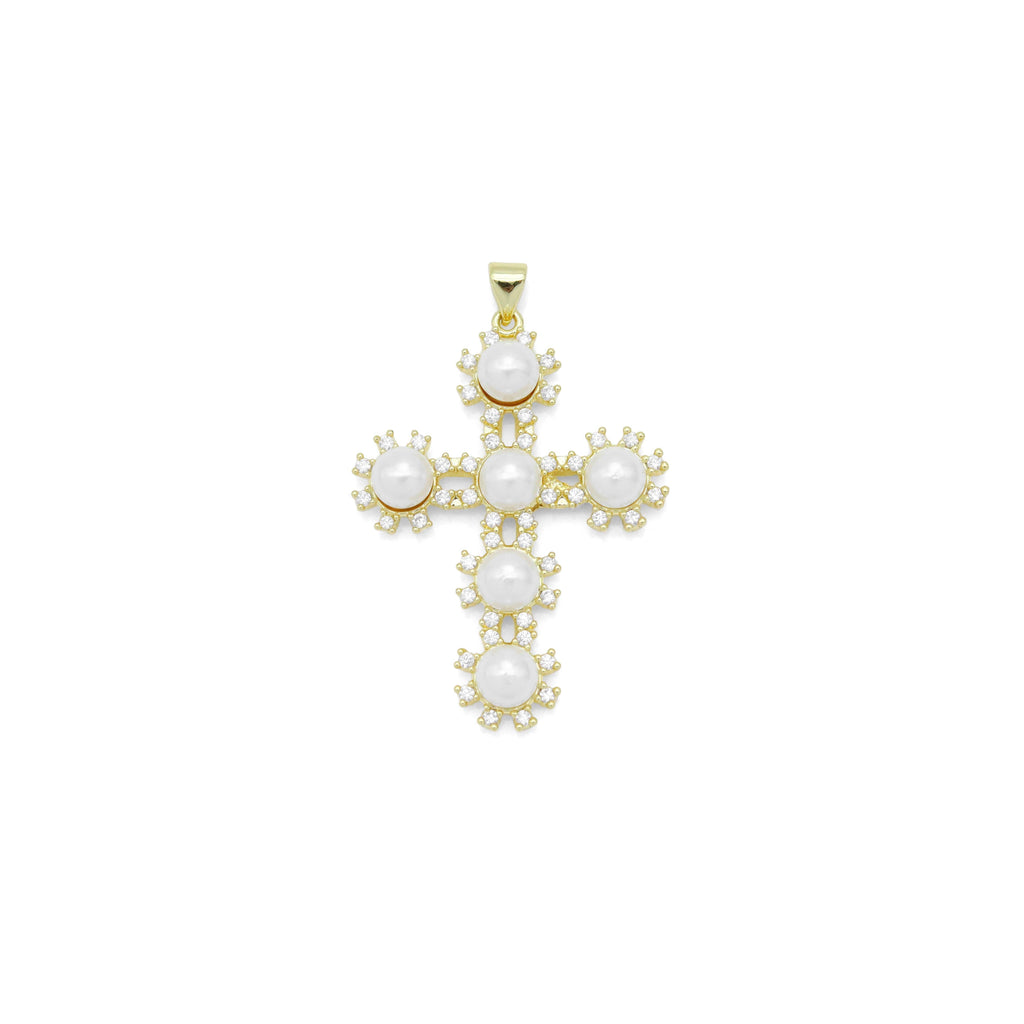 Gold White Pearl Flower Cross Charm Pendant, Sku#LX696
