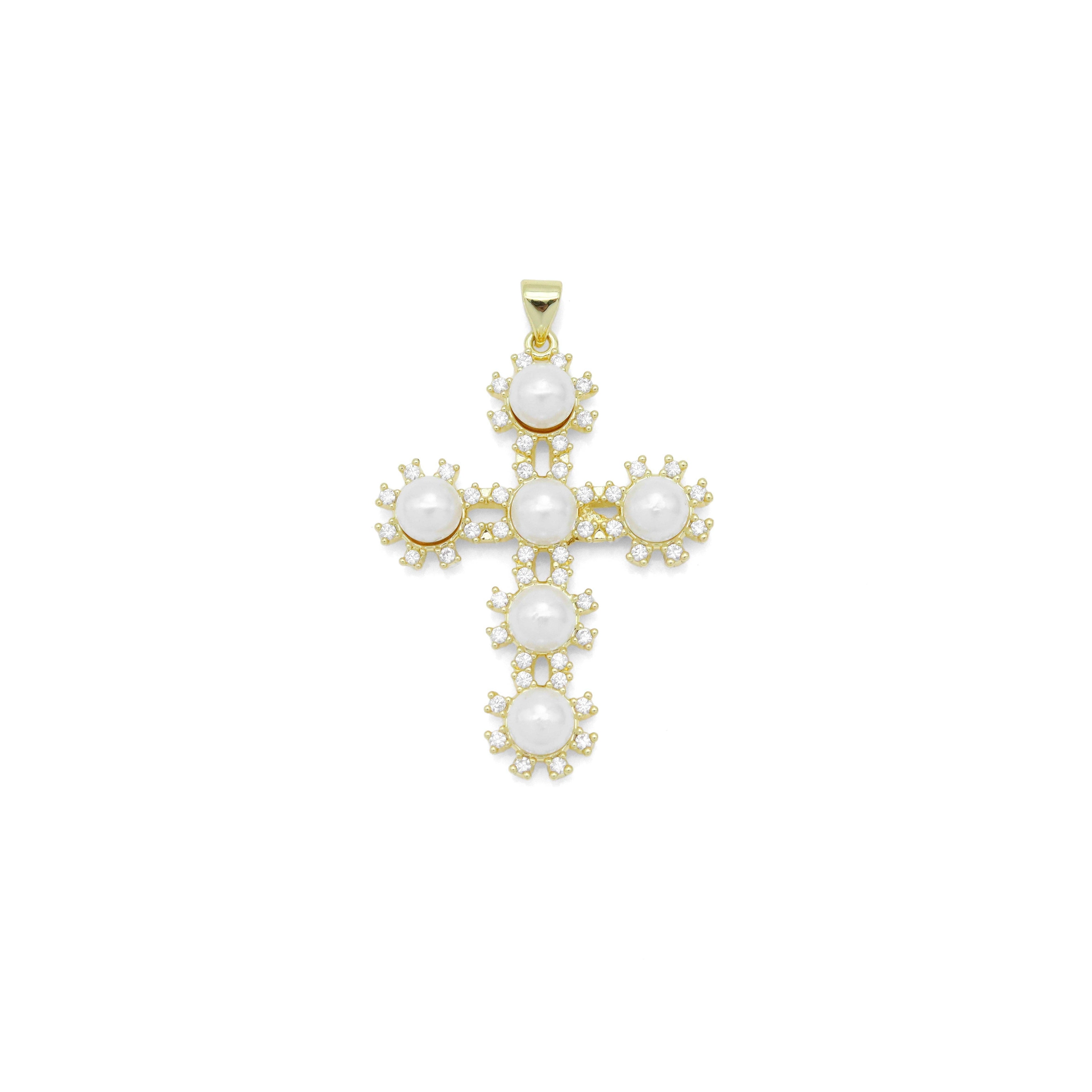 Gold White Pearl Flower Cross Charm Pendant, Sku#LX696