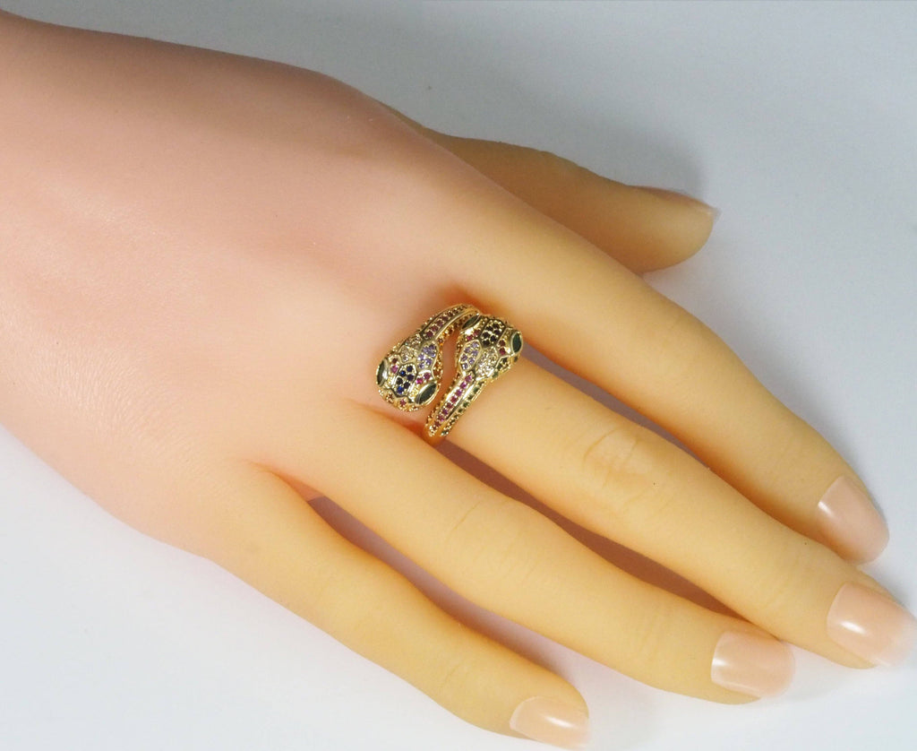 Gold Colorful CZ Snake Adjustable Ring, Sku#LD380