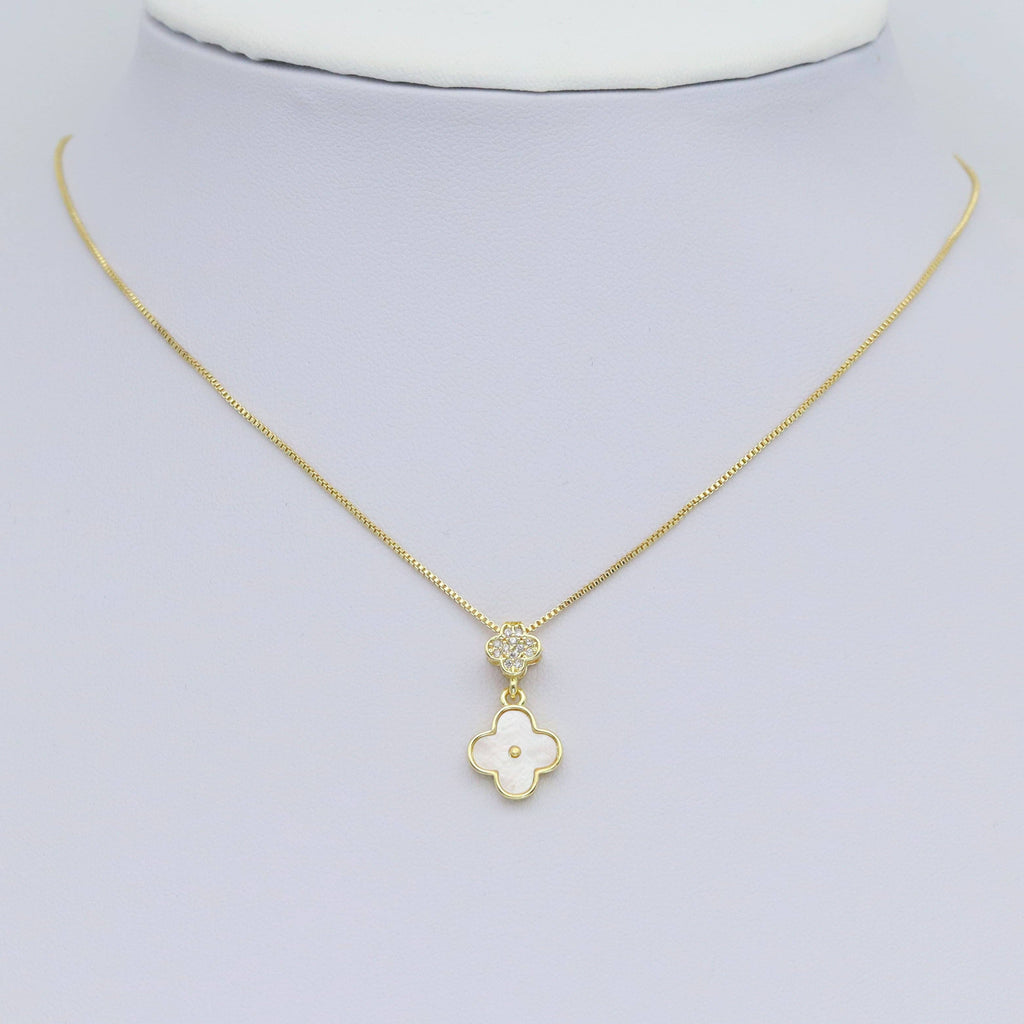 Clear CZ Mop Flower clover Shape Gold Stud Earrings, Sku#LK961