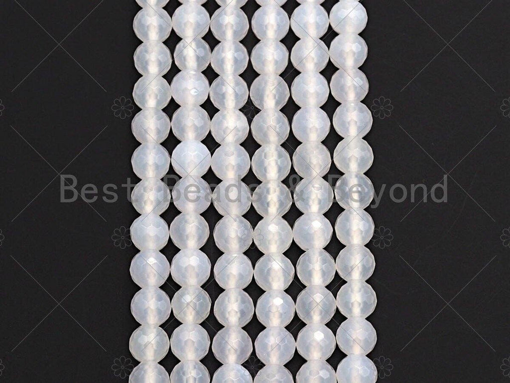 High Quality Natural Milky White Agate Beads, Round Faceted 6mm/8mm/10mm/12mm White Agate Beads, 15.5" Full Strand, Sku#U569