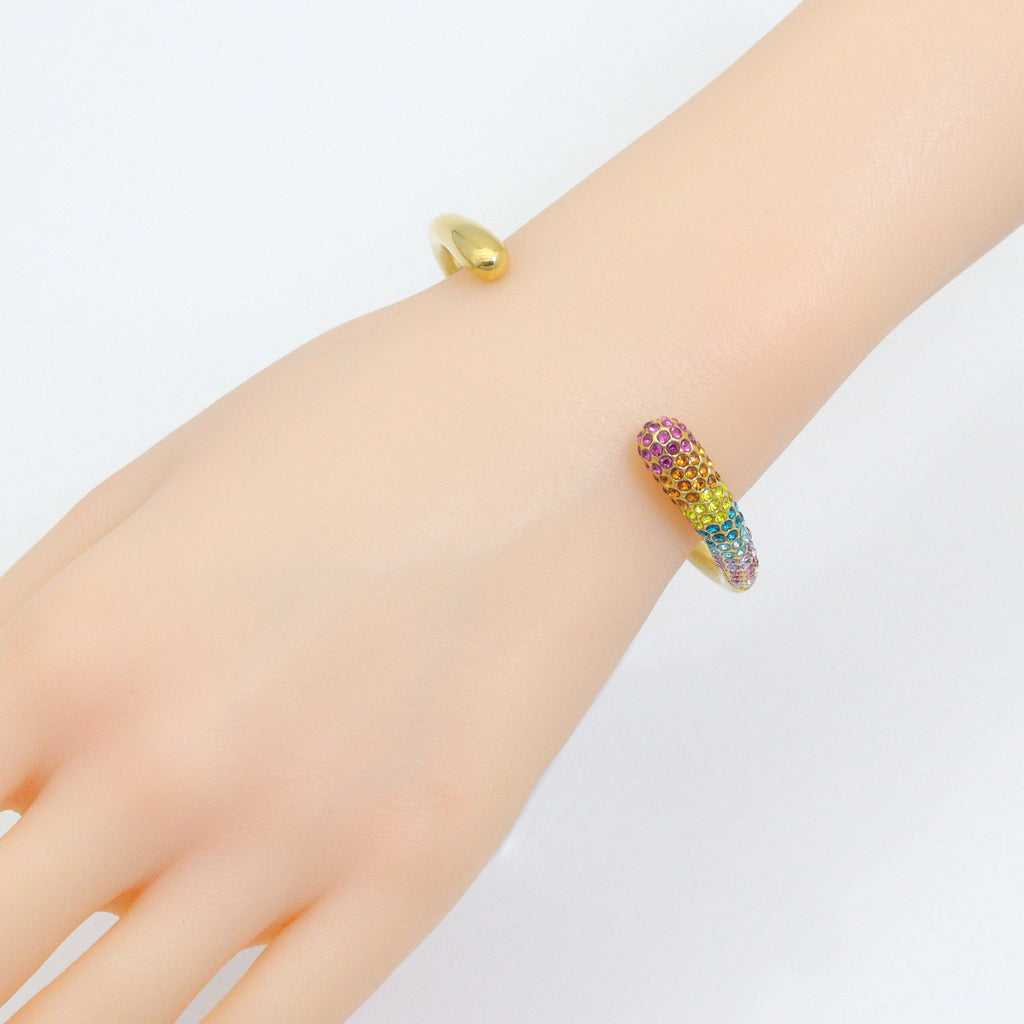 Gold White Pearl Colorful CZ Bangle Adjustable Bracelet, Sku#O126