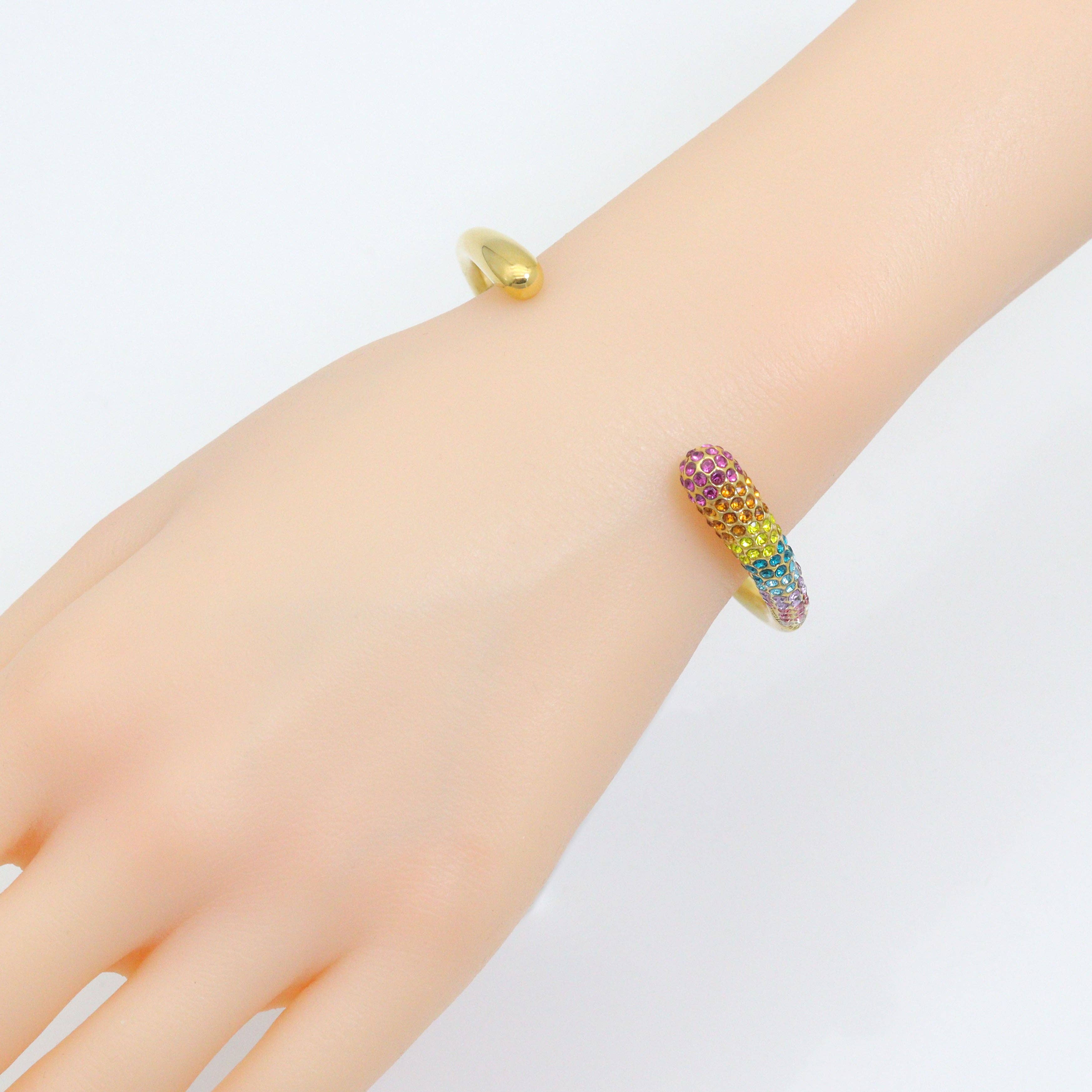 Gold White Pearl Colorful CZ Bangle Adjustable Bracelet, Sku#O126