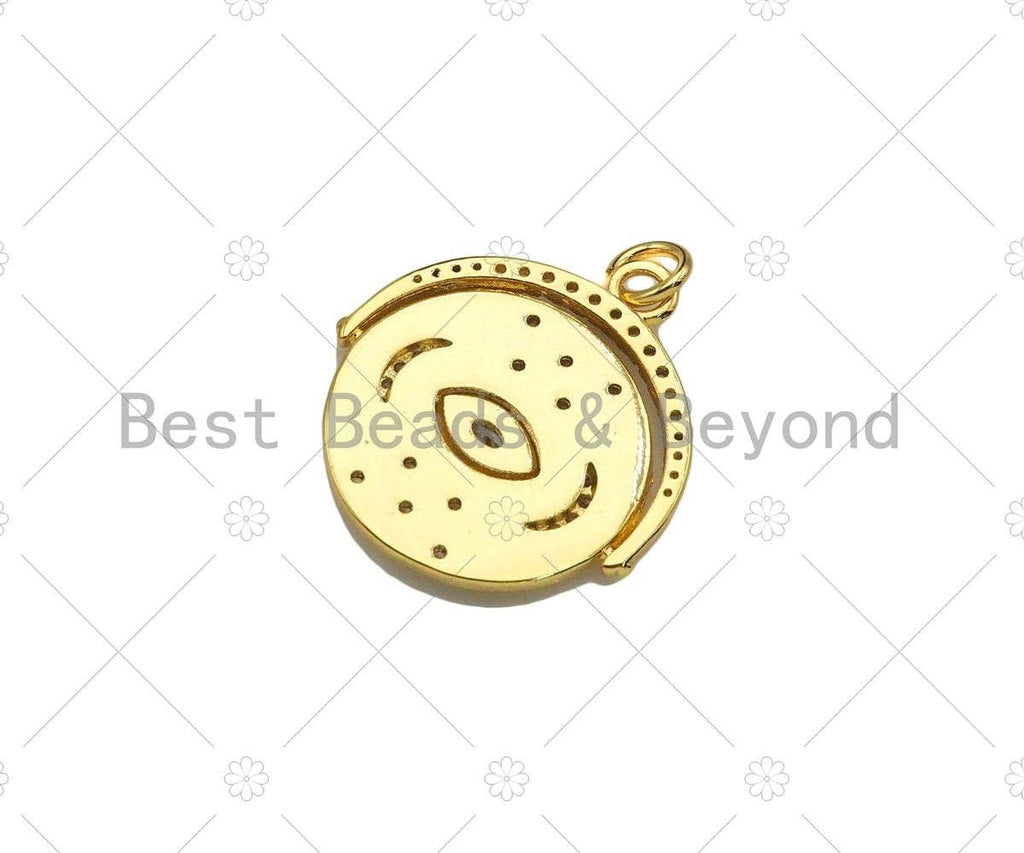 CZ Micro Pave Evil Eye with Crescent Moon On Round Coin Shape, 18K Gold Medallion Charm, Necklace Bracelet Charm Pendant,19x22mm,Sku#Z1332