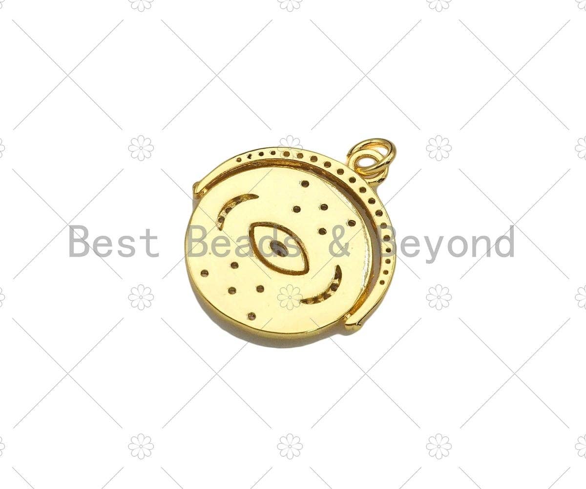 CZ Micro Pave Evil Eye with Crescent Moon On Round Coin Shape, 18K Gold Medallion Charm, Necklace Bracelet Charm Pendant,19x22mm,Sku#Z1332