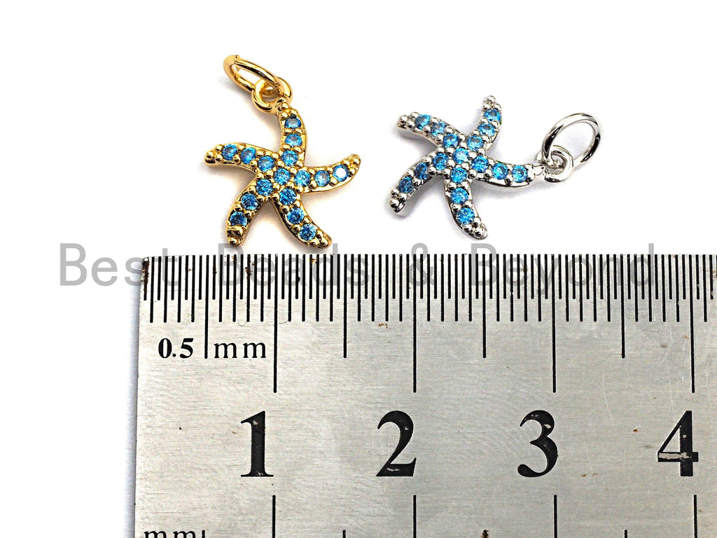 Turquoise CZ Micro Pave Starfish Shape Pendant,Cubic Zirconia Charm/Pendant, Gold/Silver Tone,11x13mm,sku#Y227