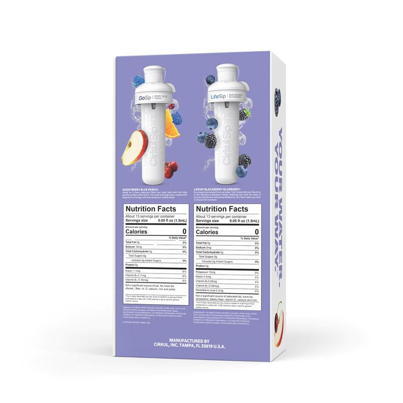 Cirkul 32Oz. Periwinkle Stainless Steel Water Bottle Starter Kit with Blue Lid, 2 Flavor Cartridges (1 Lifesip Blackberry Blueberry and 1 Gosip Berry Blue Punch), Zero Calories and No Sugar