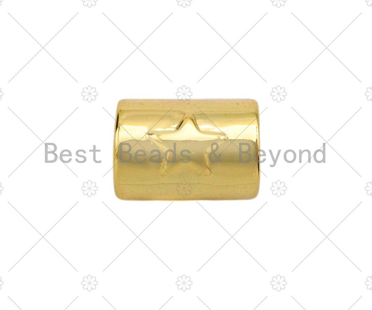18K Gold High Polished Star On Tube Spacer Beads, Large Hole Tube Spacer Beads, Men's Jewelry Findings, Bracelet Beads, 9x7mm, Sku#Y387