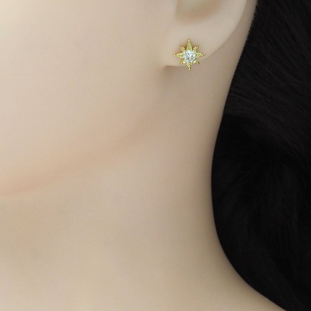 Big CZ Gold Star Stud Earrings, Sku#LD504