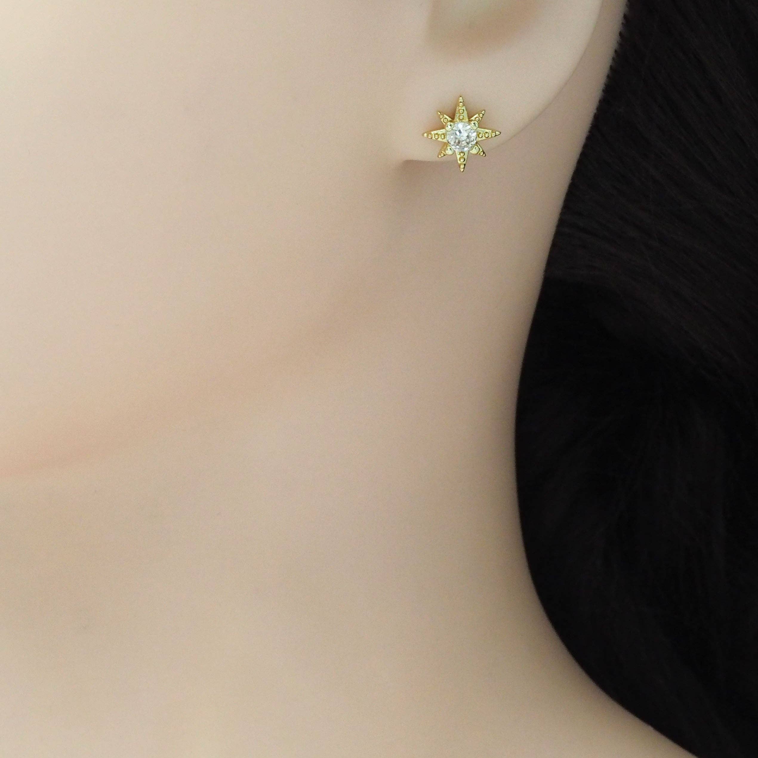 Big CZ Gold Star Stud Earrings, Sku#LD504