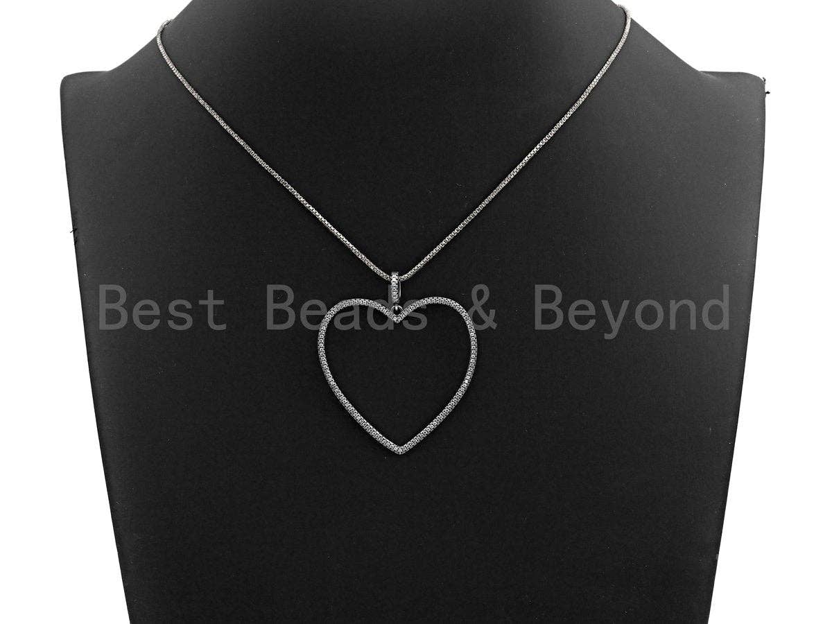 Rhidium CZ Micro Pave Large Hollow out Heart Pendant, Oxidized Silver Pave Pendant, Antique Silver Fashion Jewelry Findings, 43mm, sku#X118