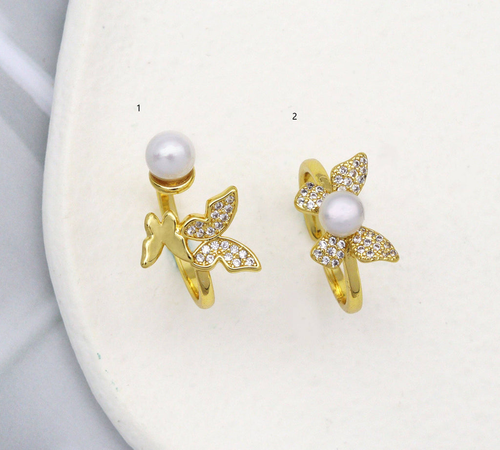 CZ Pave Gold Butterfly Pearl Adjustable Ring, Sku#LD310