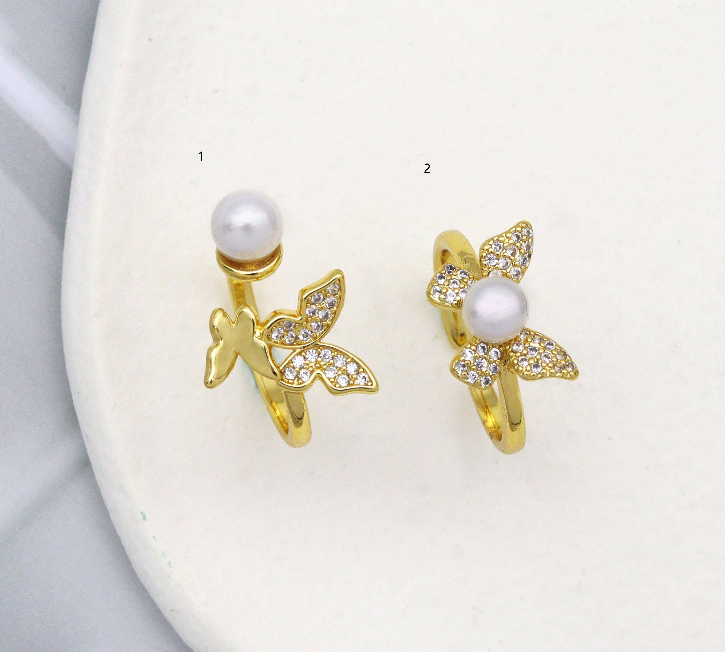 CZ Pave Gold Butterfly Pearl Adjustable Ring, Sku#LD310