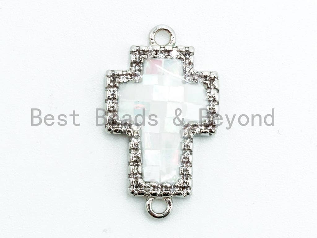 CZ Micro Pave Cross Connector with Mother of Pearl, Cubic Zirconia Space Connector, CZ Pearl Shell Charm 12x20mm, 1pc,SKU#Z25