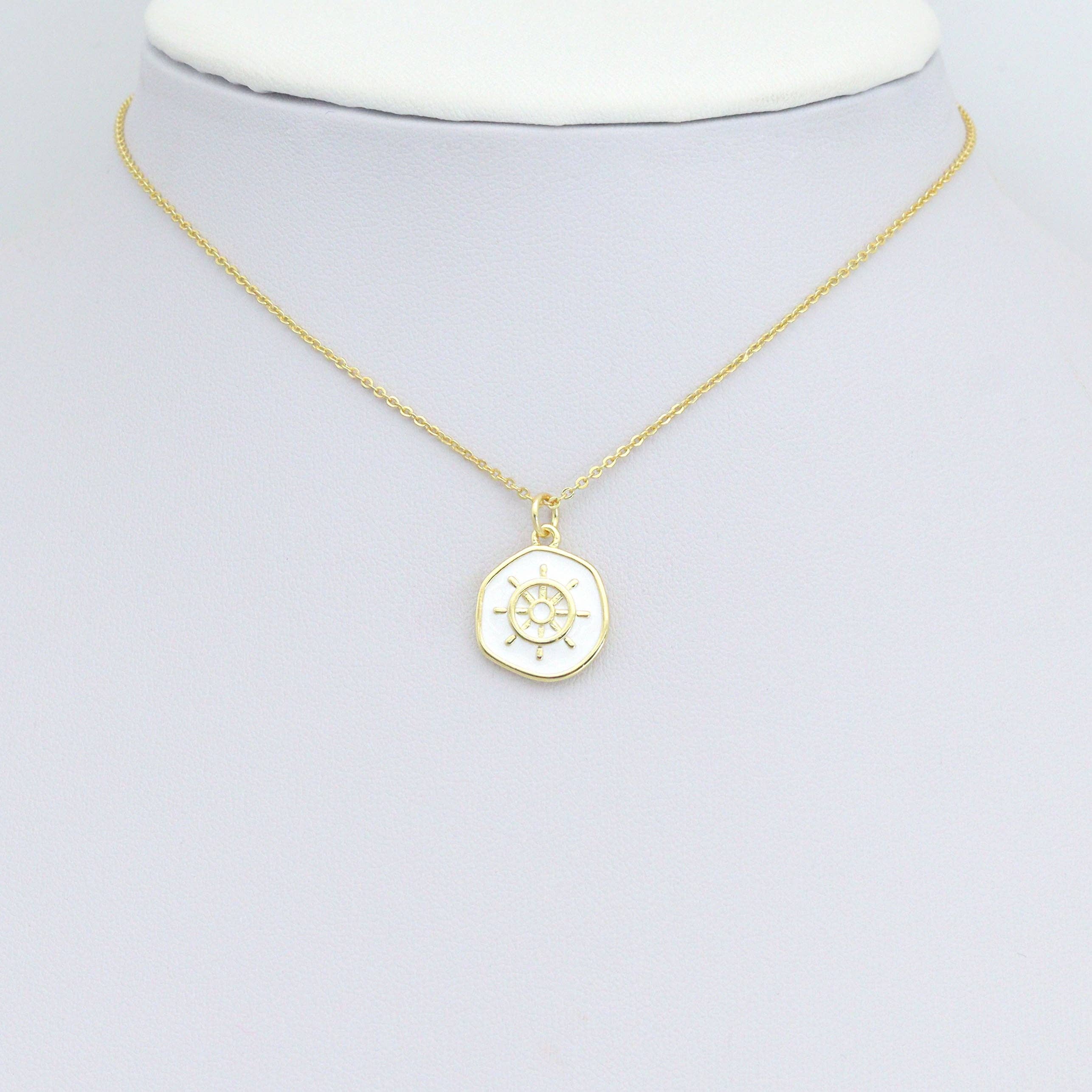 White Enamel Ship Wheel Coin Charm Pendant,Sku#LX871