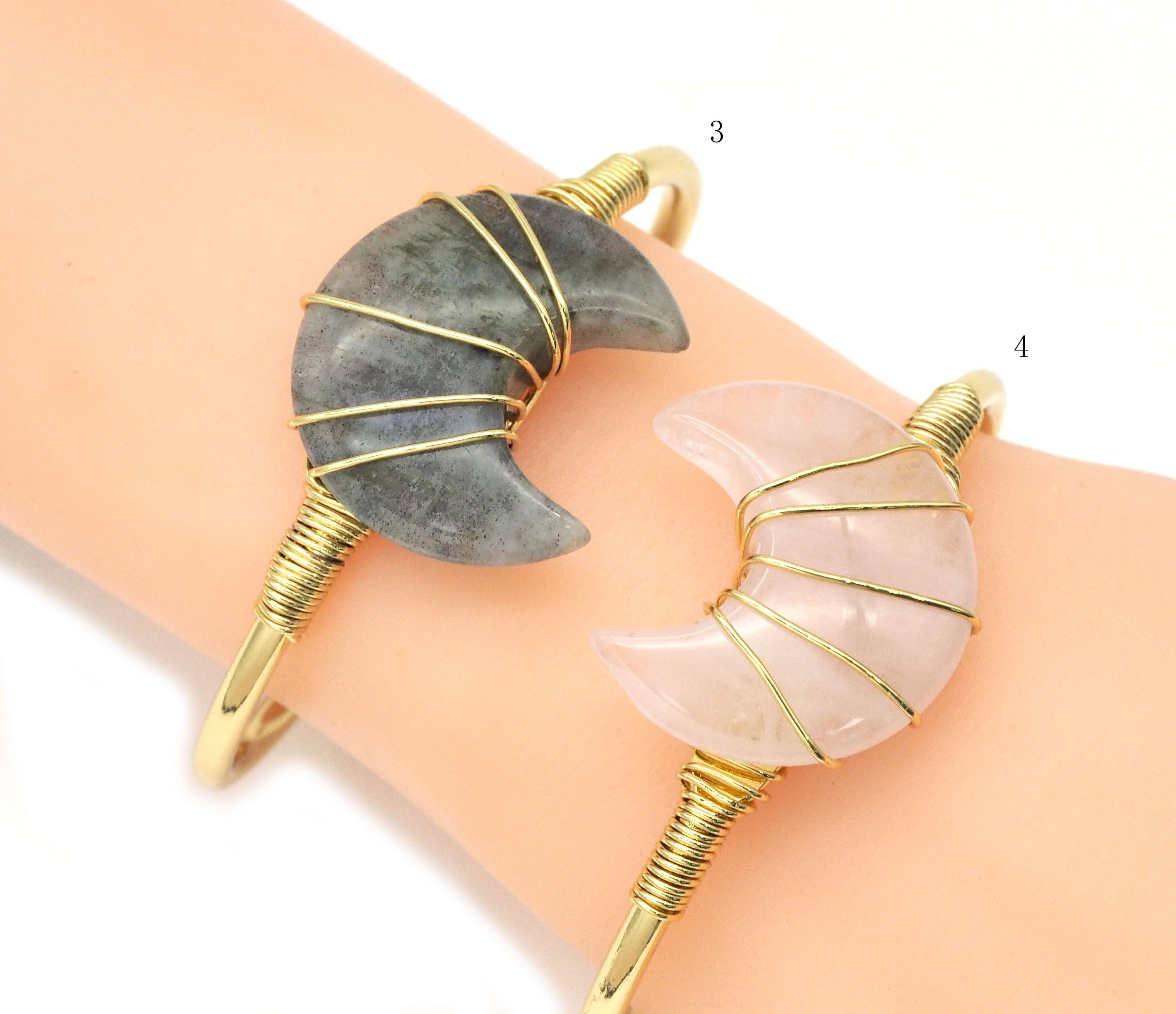 Gemstone Moon Shape Wire Trapped Cuff bracelet, sku#LY25