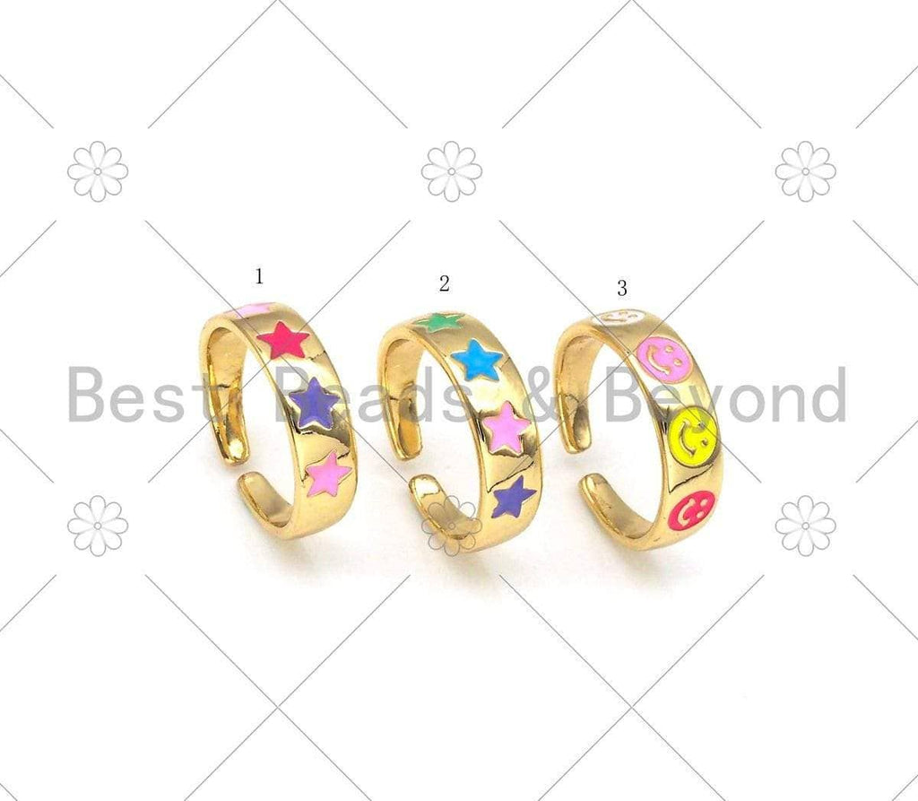Enamel Star and Smiley Face Adjustable Ring, Sku#LD148