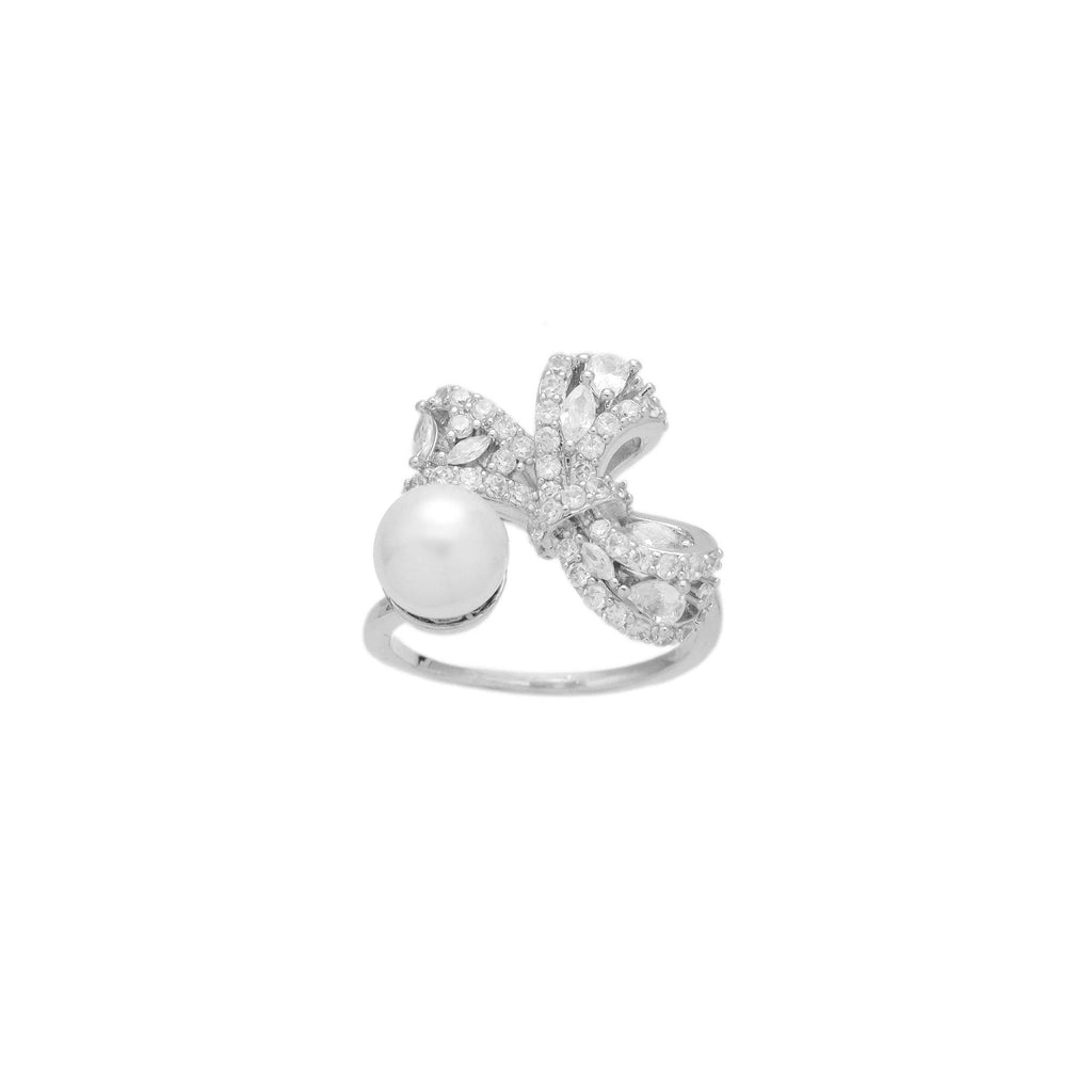 CZ Bowknot White Pearl Statement Adjustable Ring, Sku#ZX214