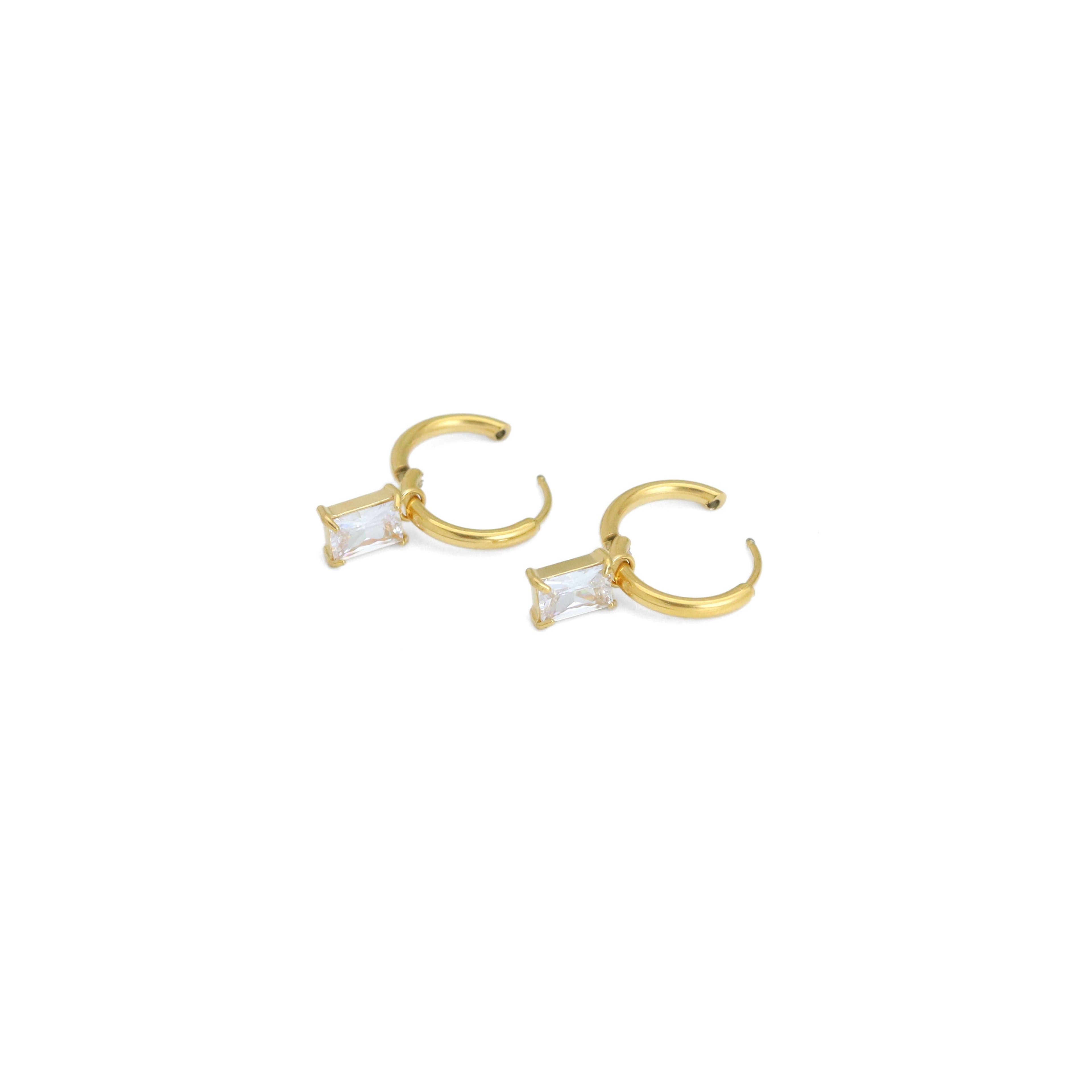 Clear Rectangle CZ Gold Silver Small Earrings, Sku#Y965