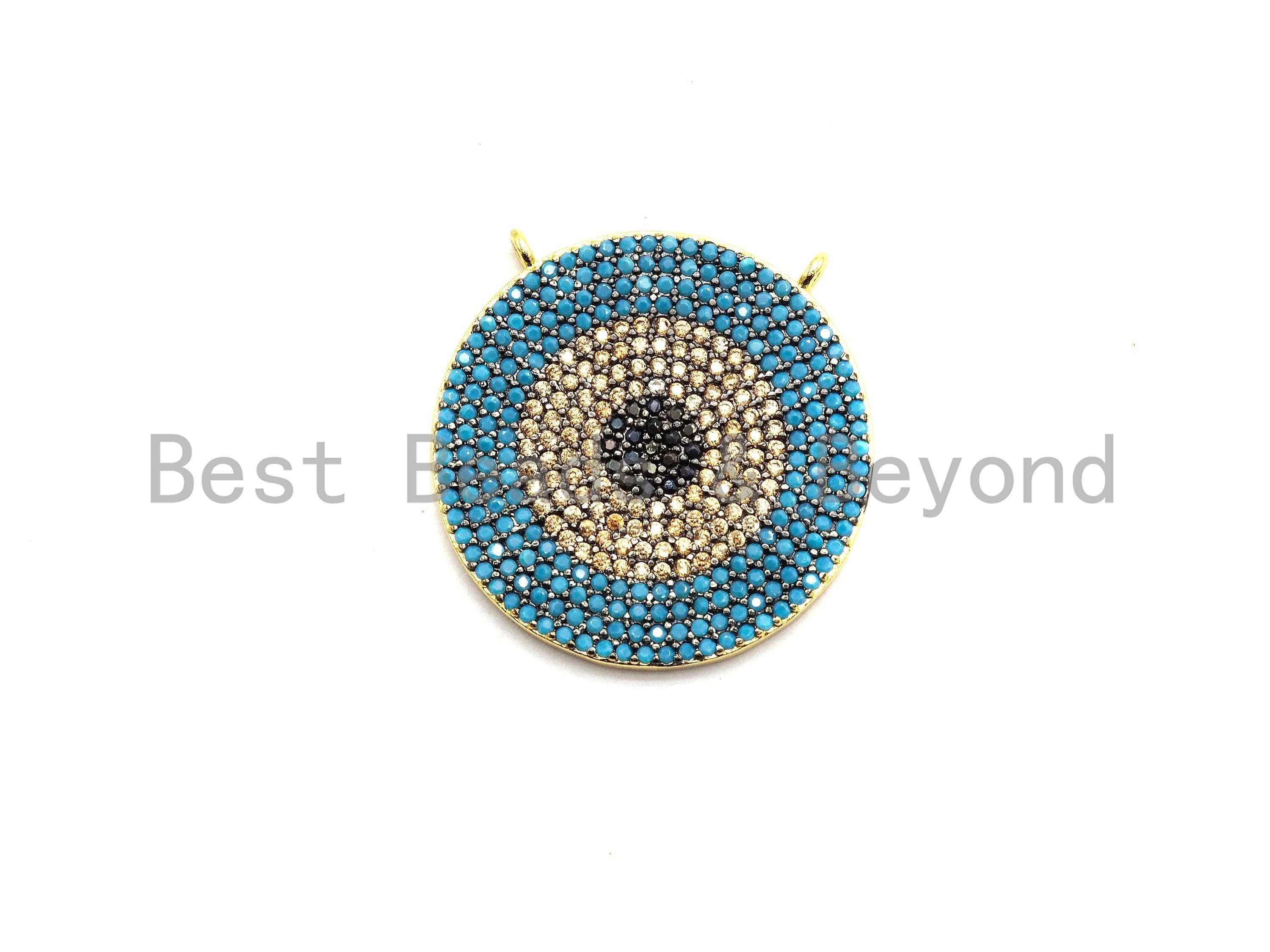 Colorful CZ Micro Pave Evil Eye Round Pendant, Green/Turquoise/Cobalt/Fuchsia/Violet CZ Pave Charm, 25mm, sku#F718